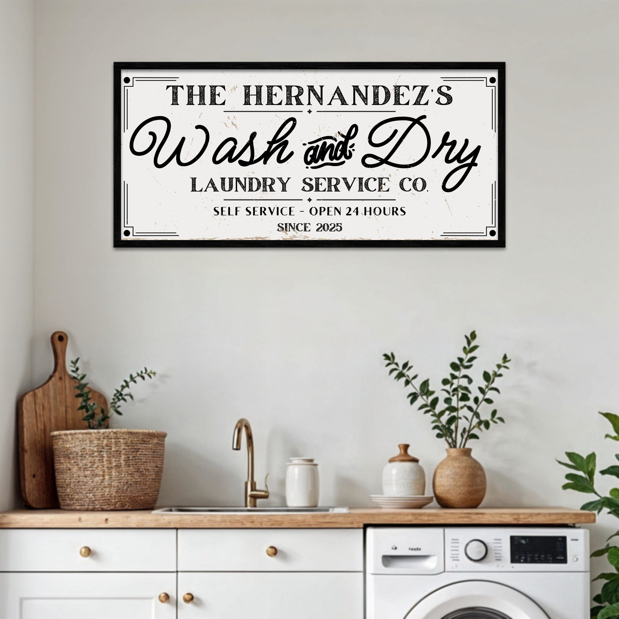 Personalised Family Name Farmhouse Rustic Sign | Custom UV Print Wash &amp; Dry Wooden Frame Wall Decor, Laundry Room Signage, Housewarming Gift