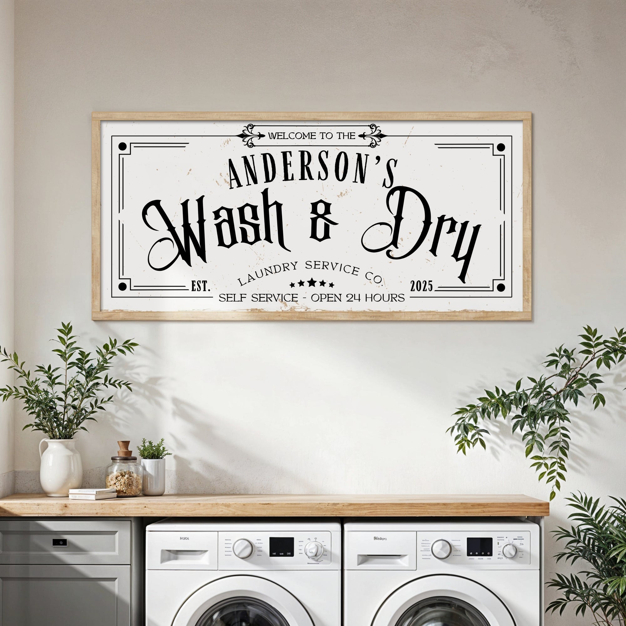 Personalised Family Name Farmhouse Rustic Sign | Custom UV Print Wash &amp; Dry Wooden Frame Wall Decor, Laundry Room Signage, Housewarming Gift