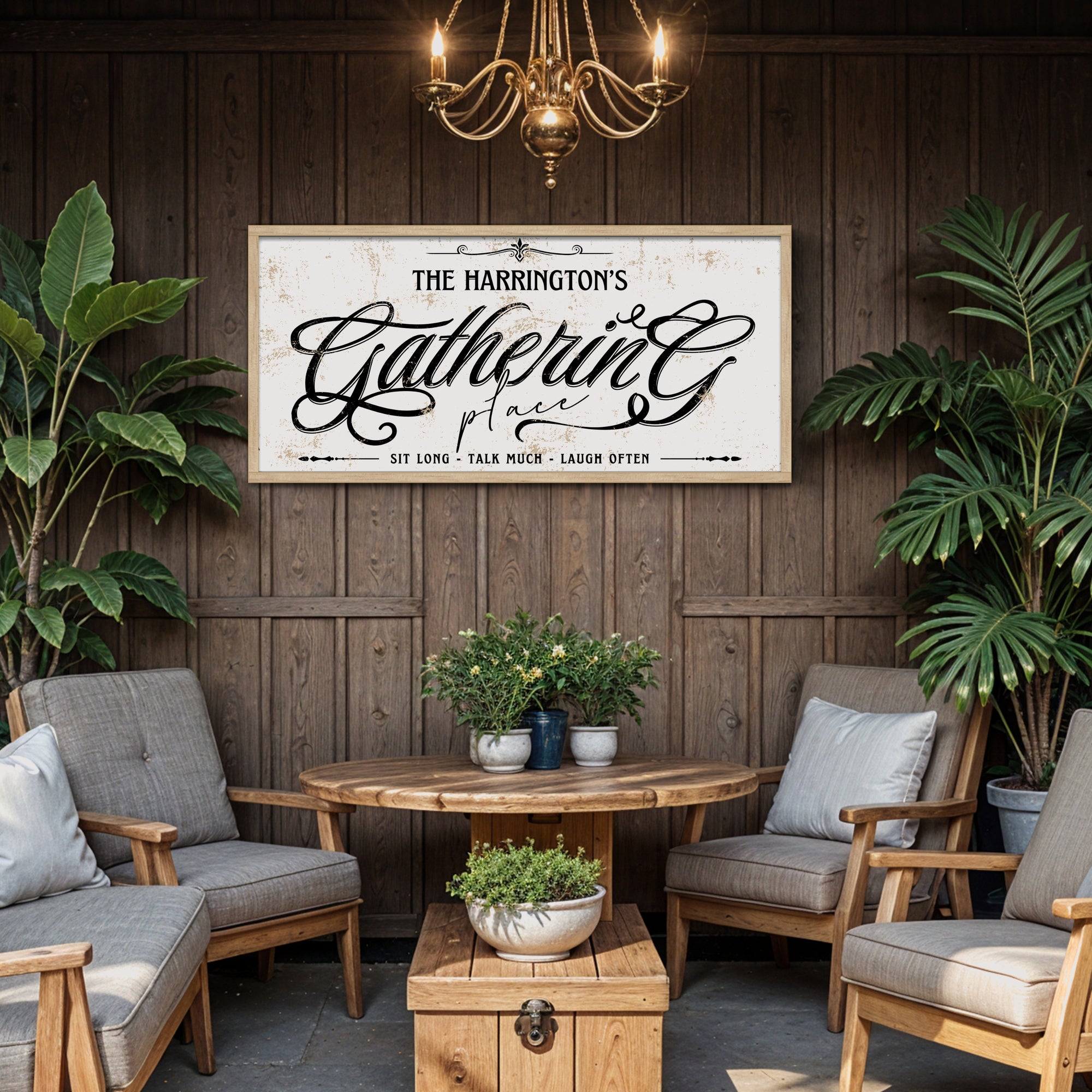 Personalised Family Name Gathering Farmhouse Sign Custom UV Print Wooden Frame Rustic Wall Decor Vintage Homestead Signage Housewarming Gift