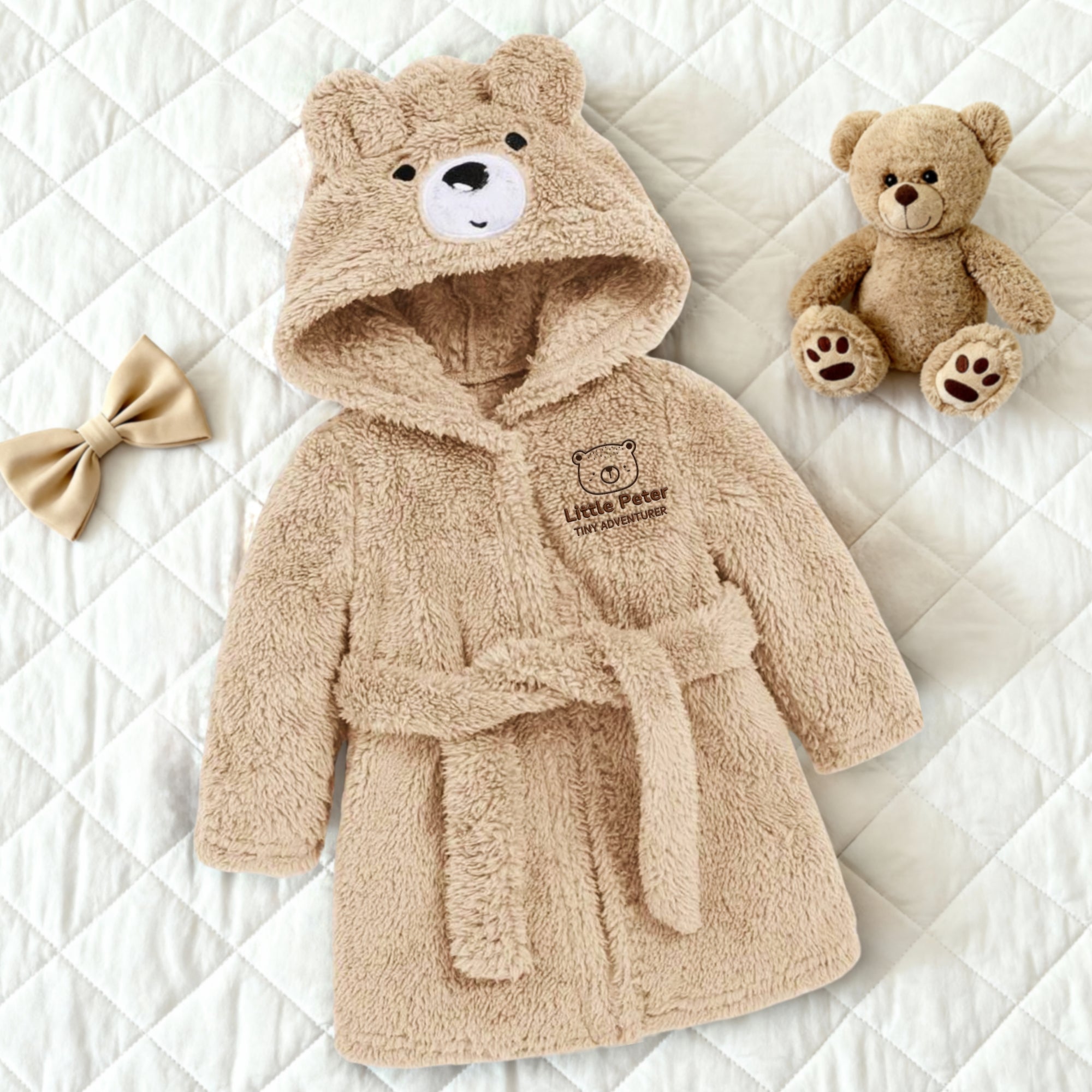 Personalised Fluffy Teddy Kid Bathrobe, Custom Name Embroidered Baby Dressing Gown Bear Ear Hooded Baby Robe, Christening Birthday Xmas Gift