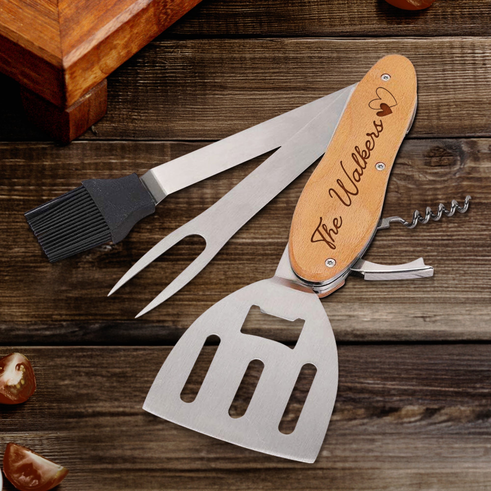 Personalised 5 in 1 Foldable BBQ Tool, Custom Engraved Logo Barbecue Spatula &amp; Multi Grill Tools, Dad, Housewarming Groomsman Corporate Gift