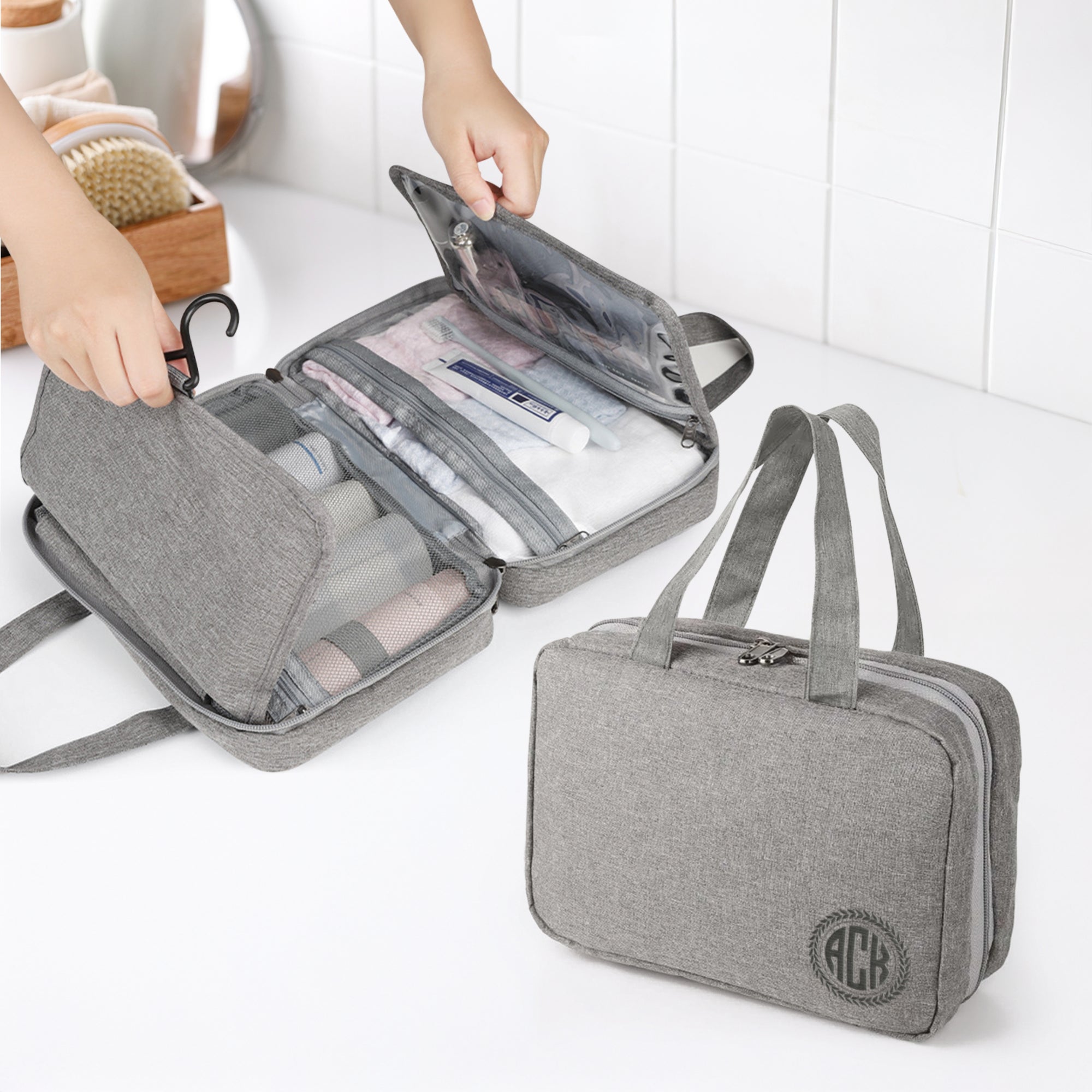 Personalised Foldable Hanging Travel Toiletry Bag, Custom Print Logo Makeup Organiser Cosmetic Storage, Carry Shower Case Him Groomsman Gift