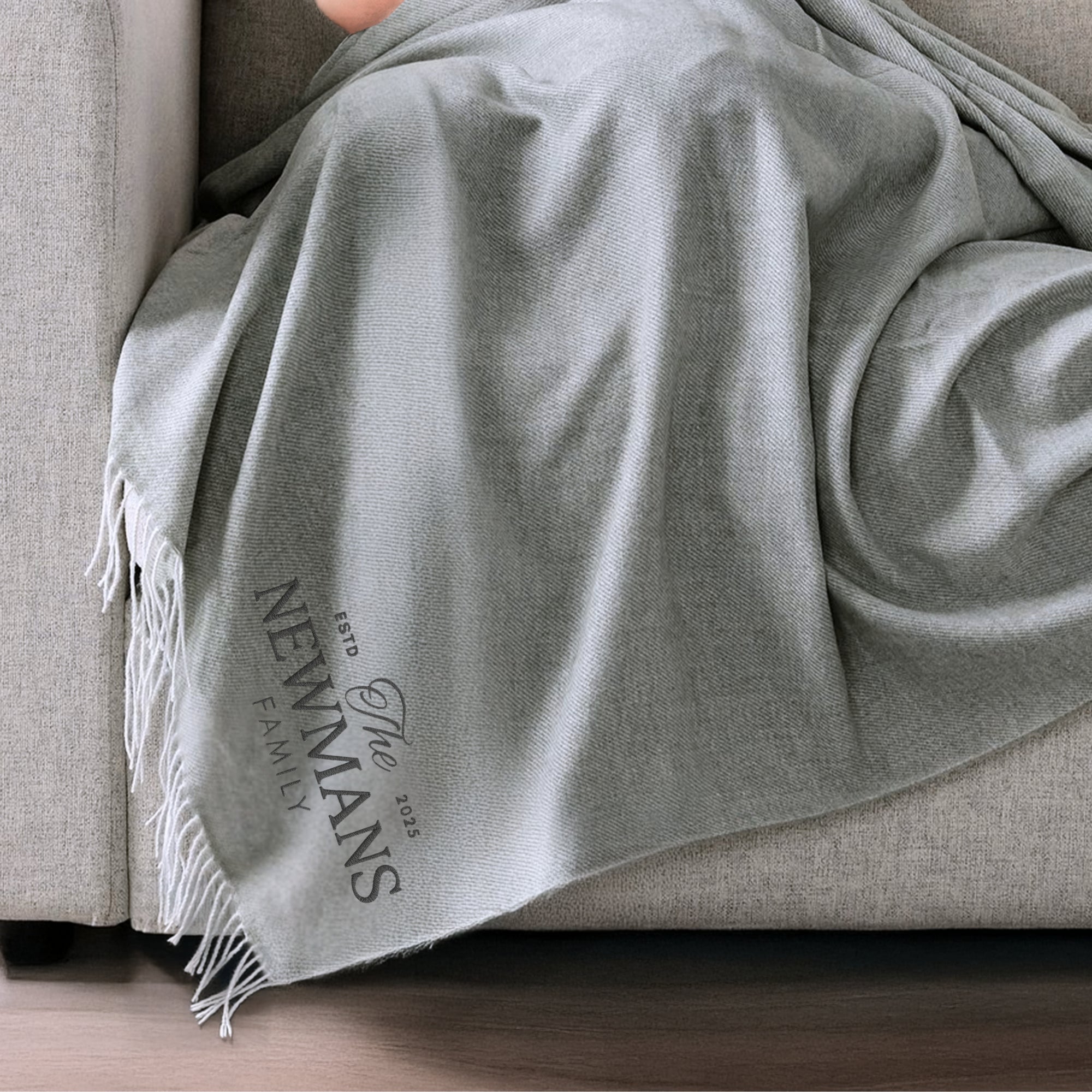 Personalised Fringe Throw, Custom Embroidered Name Logo Eco Blanket, Mum, Birthday, Xmas, Housewarming, Wedding, Anniversary, Corporate Gift