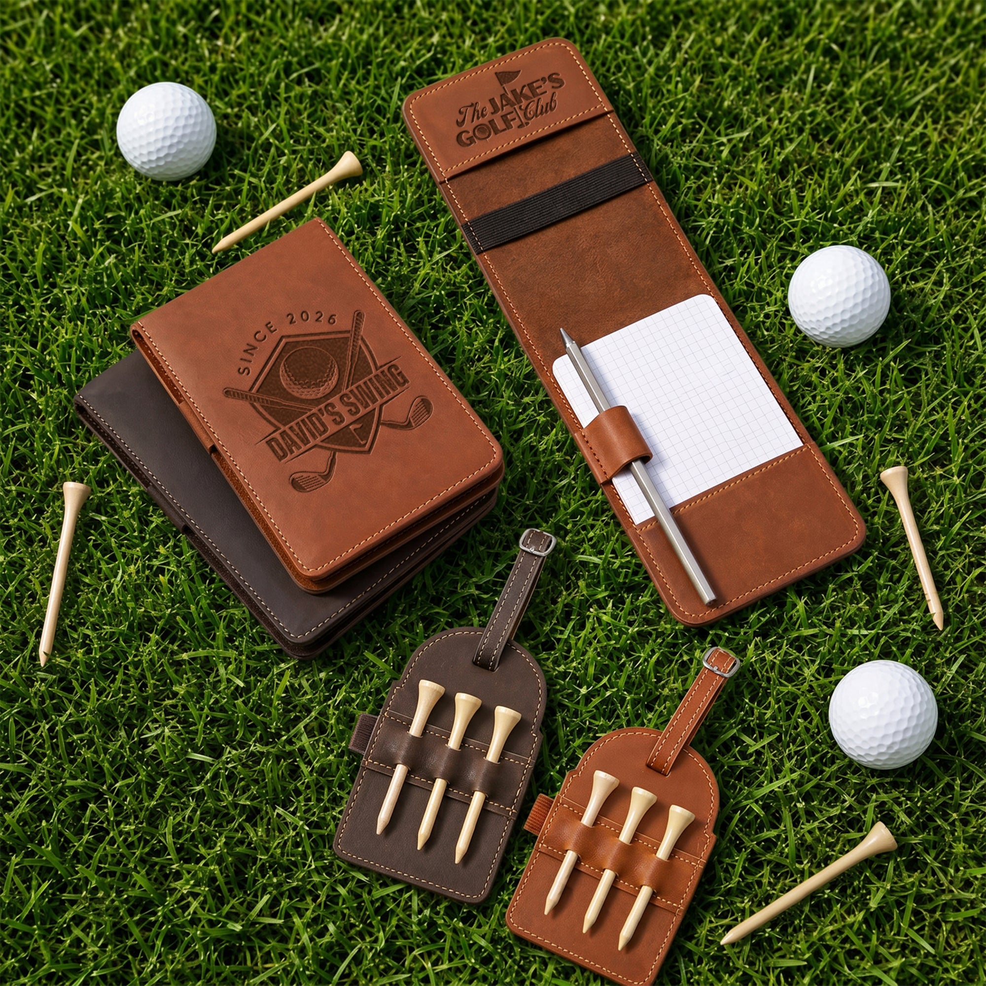 Personalised Genuine Leather Golf Set, Custom Engraved Tee Tag & Scorecard Holder, Groomsmen, Father Birthday, Christmas Logo Corporate Gift