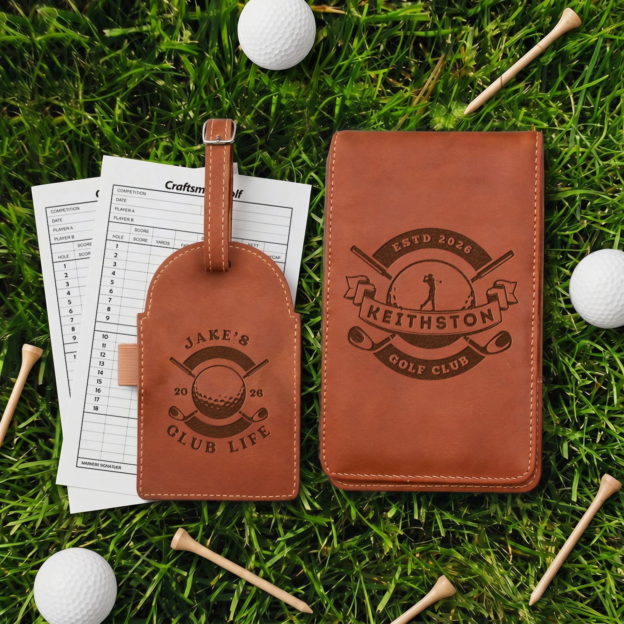 Personalised Genuine Leather Golf Set, Custom Engraved Tee Tag & Scorecard Holder, Groomsmen, Father Birthday, Christmas Logo Corporate Gift