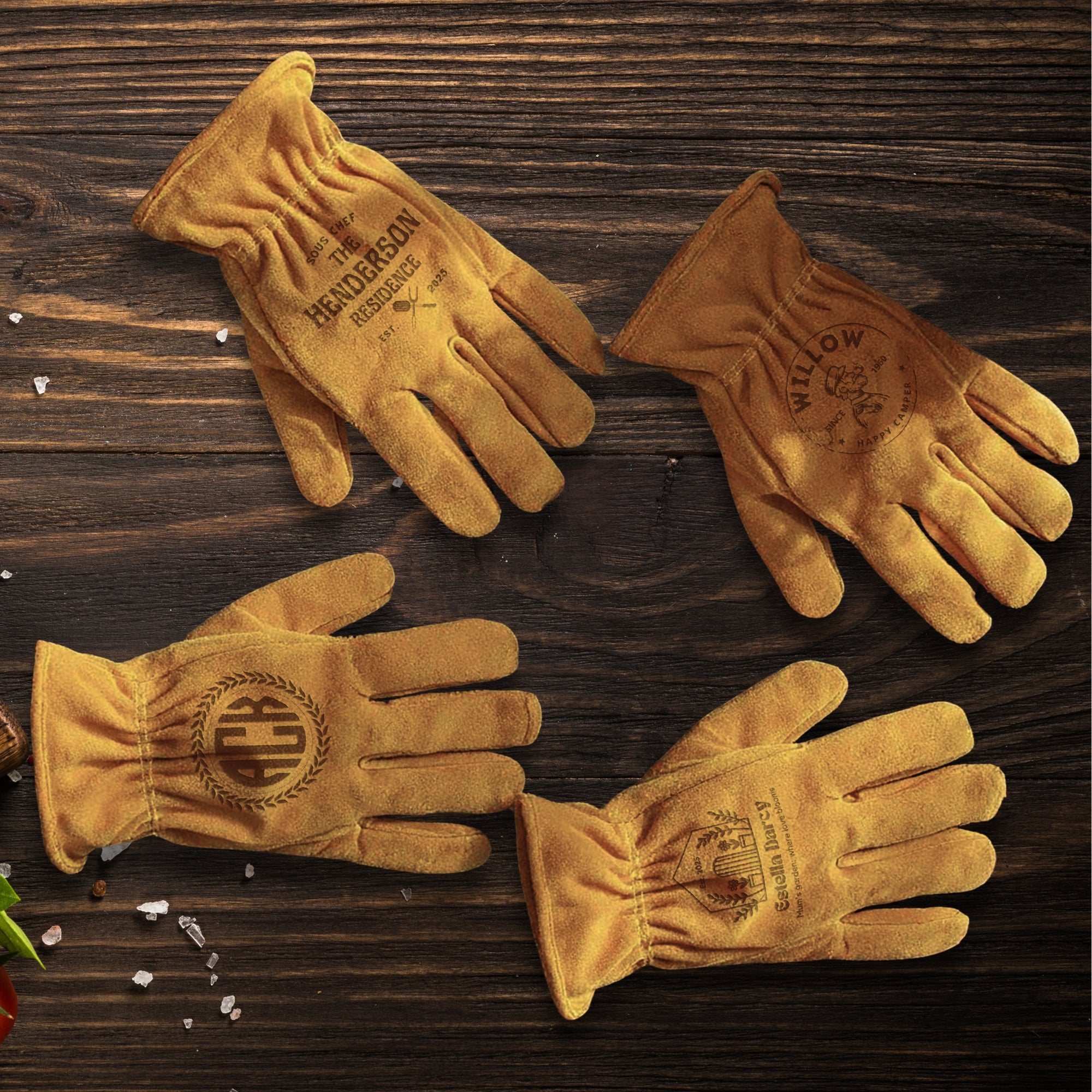 Personalised Genuine Leather Outdoor Wrist Gloves, Custom Engraved Logo Garden, Camping, BBQ, Fireplace Heat Protective Gloves, Mom Dad Gift