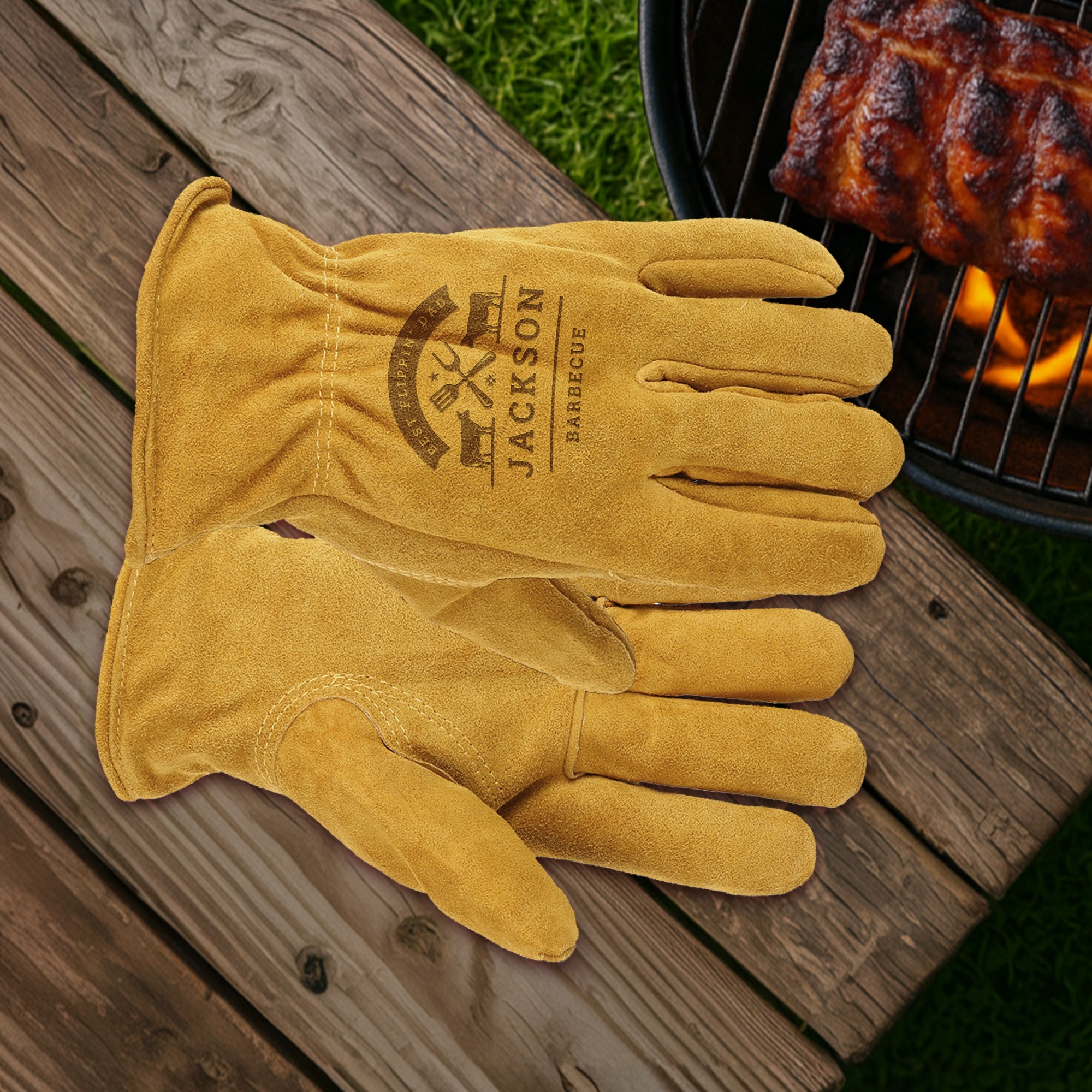 Personalised Genuine Leather Outdoor Wrist Gloves, Custom Engraved Logo Garden, Camping, BBQ, Fireplace Heat Protective Gloves, Mom Dad Gift