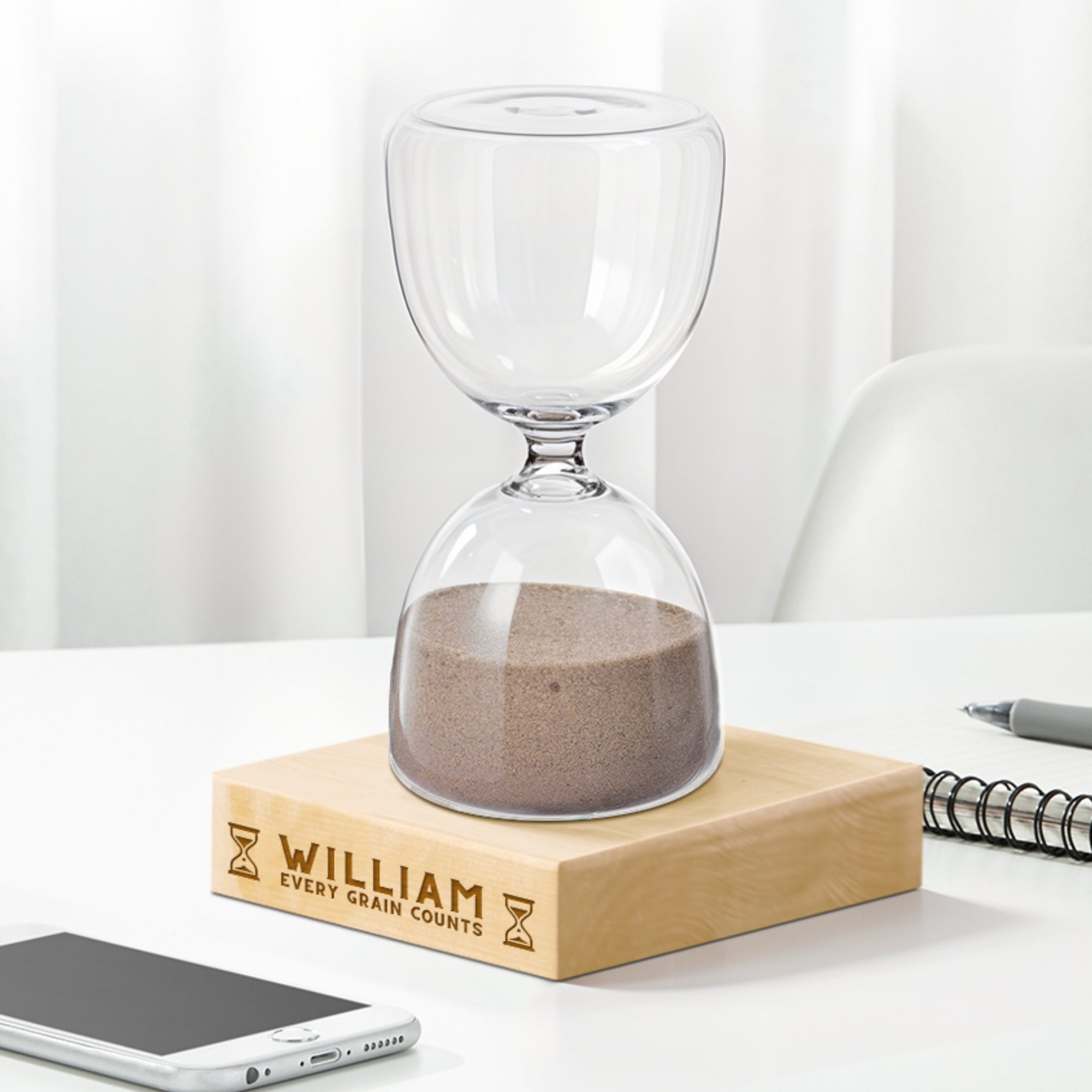 Personalised Glass Hourglass Timer &amp; Wooden Base, Custom Engraved Sand Art Display Decor, Office Accessories, Anniversary Housewarming Gift