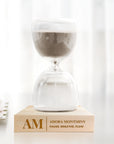 Personalised Glass Hourglass Timer & Wooden Base, Custom Engraved Sand Art Display Decor, Office Accessories, Anniversary Housewarming Gift