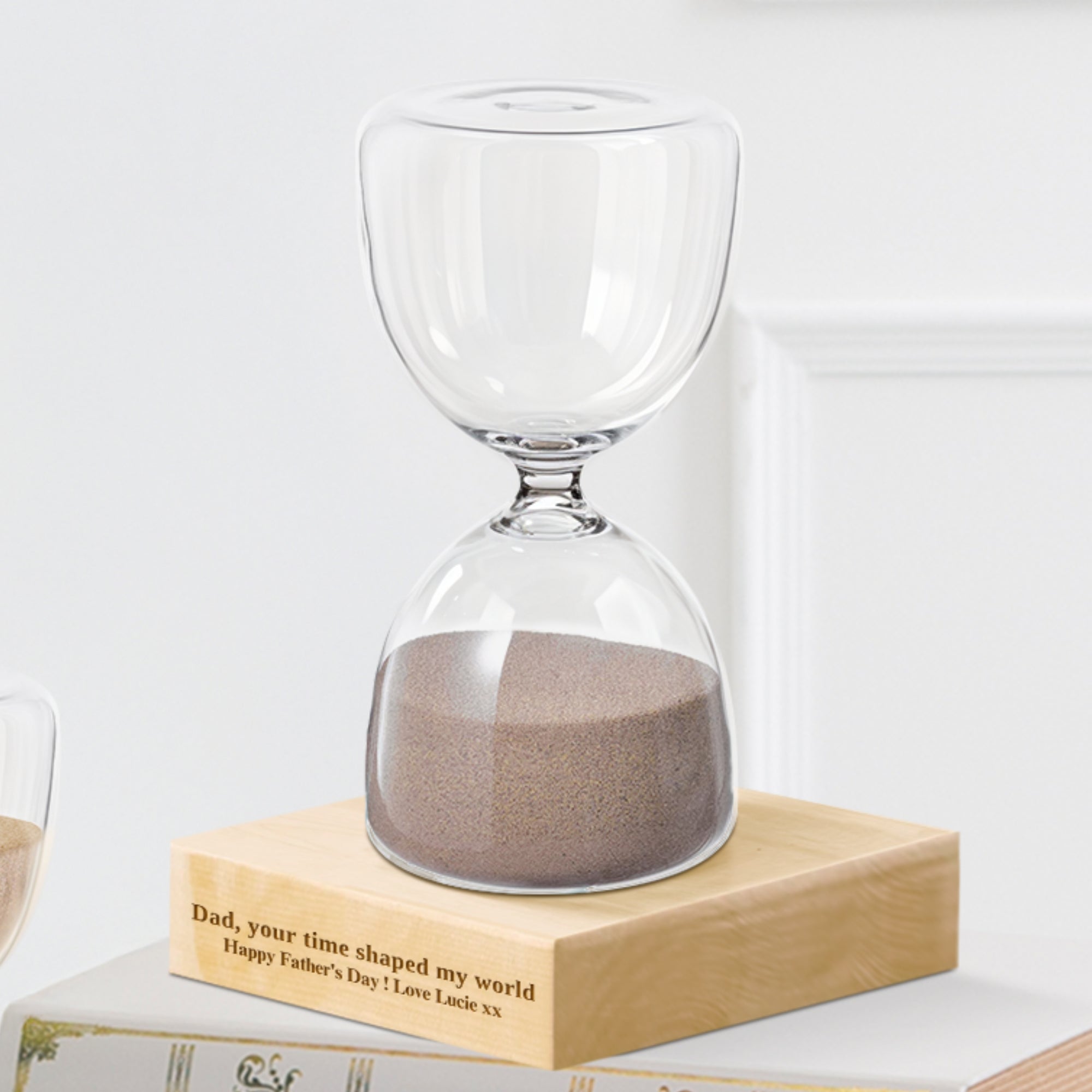 Personalised Glass Hourglass Timer &amp; Wooden Base, Custom Engraved Sand Art Display Decor, Office Accessories, Anniversary Housewarming Gift