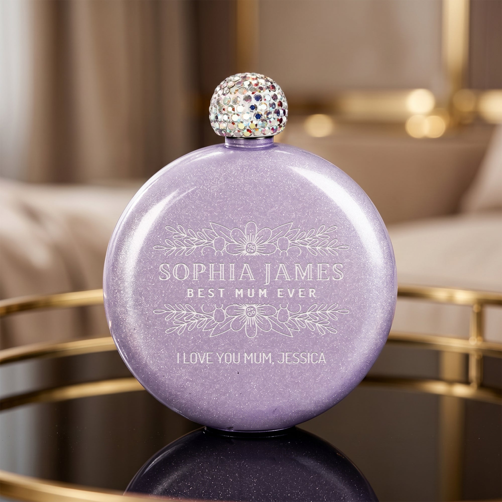 Personalised Glitter Round Hip Flask, Engraved 5oz Flask with Rhinestone Lid, Bridesmaid Proposal Gift, Hens Party Gift, Custom Gift for Her
