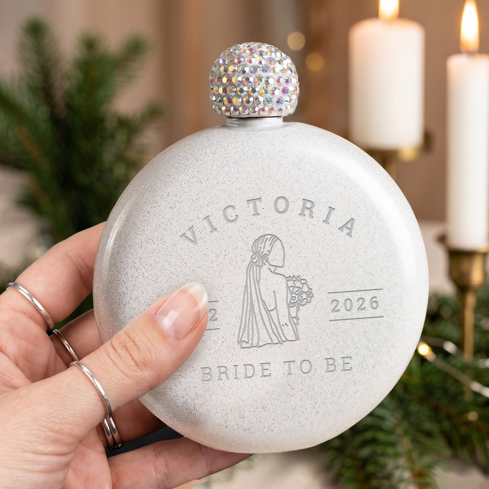 Personalised Glitter Round Hip Flask, Engraved 5oz Flask with Rhinestone Lid, Bridesmaid Proposal Gift, Hens Party Gift, Custom Gift for Her