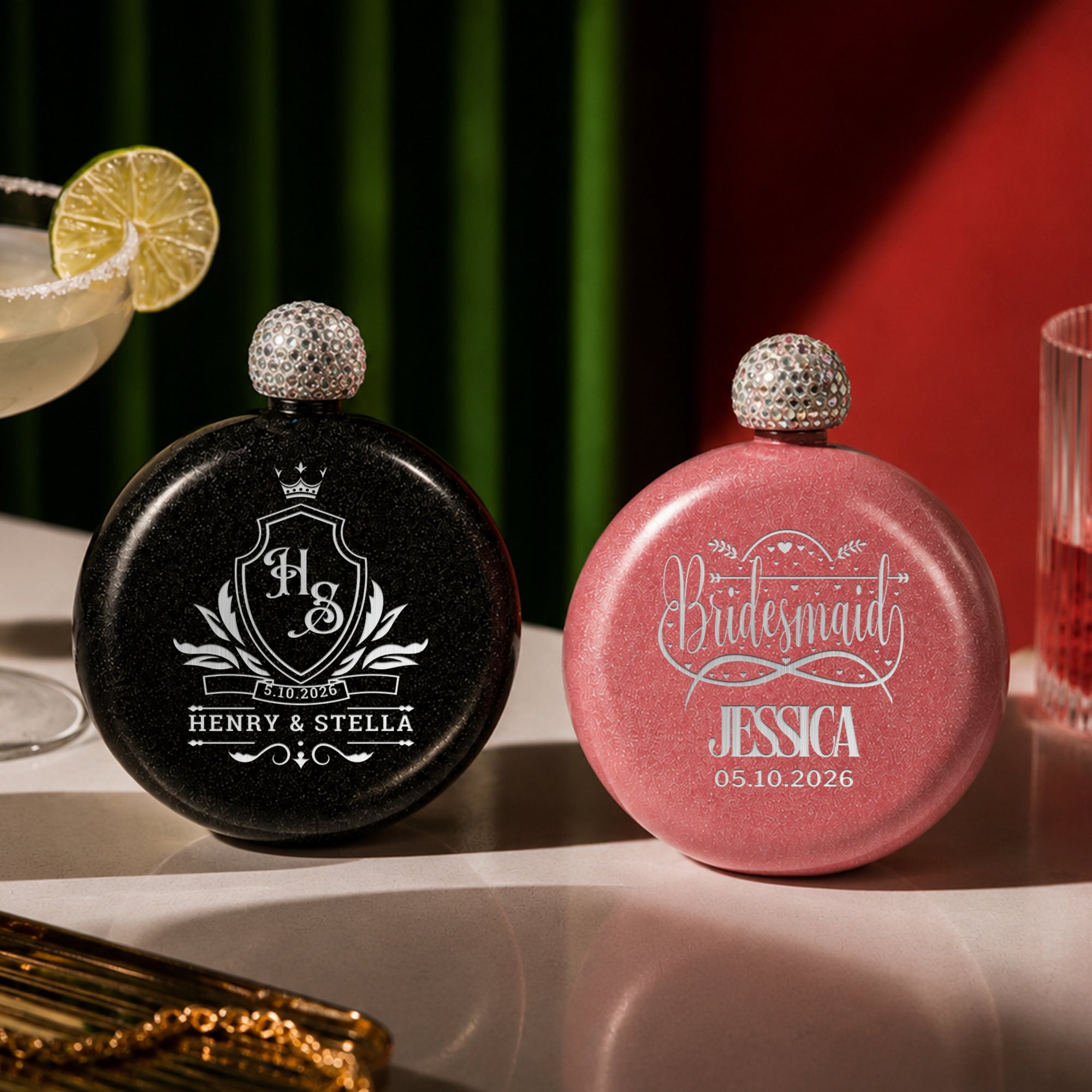 Personalised Glitter Round Hip Flask, Engraved 5oz Flask with Rhinestone Lid, Bridesmaid Proposal Gift, Hens Party Gift, Custom Gift for Her
