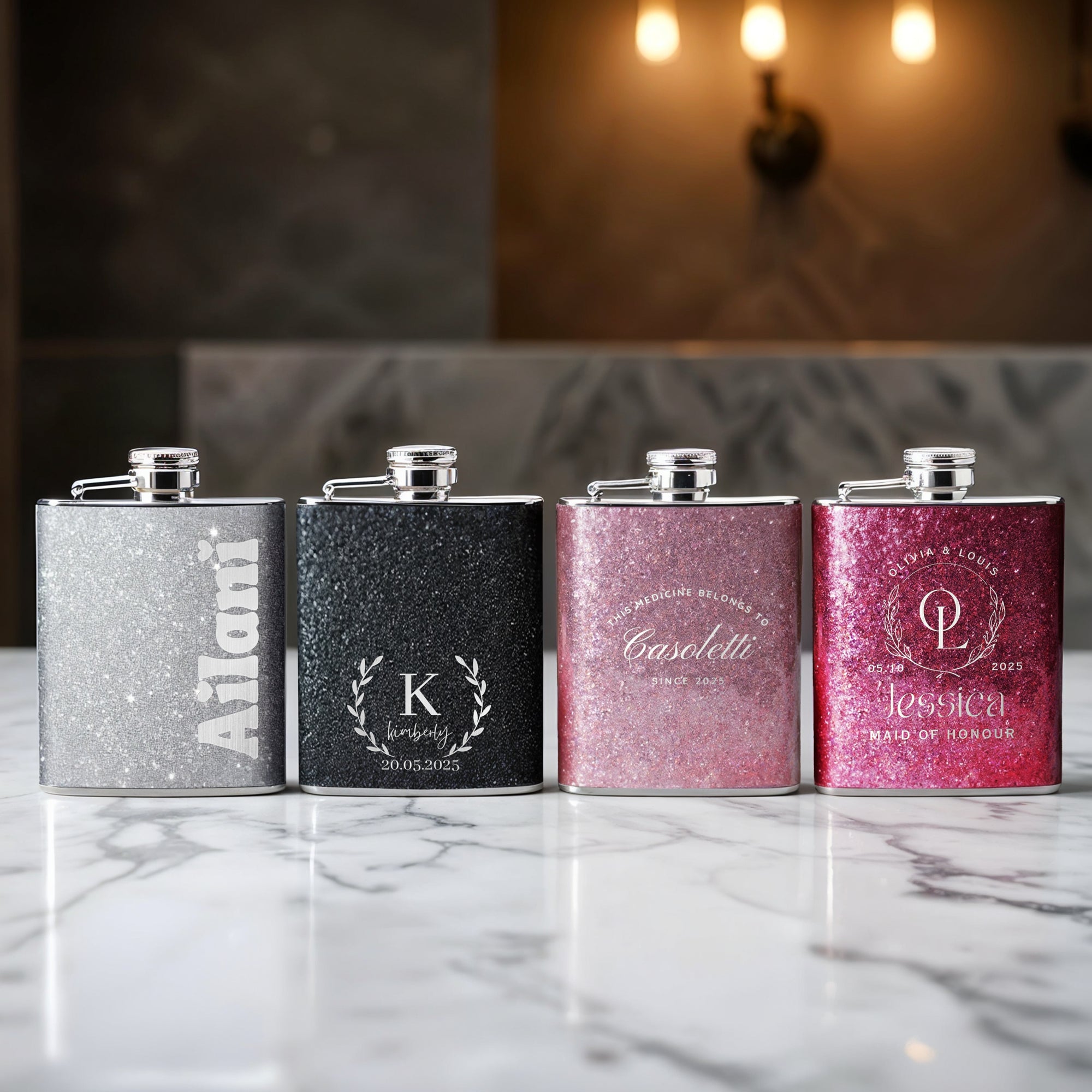 Personalised Glitter Stainless Steel 8oz Liquor Hip Flask & Funnel, Custom Engraved Bridesmaid Proposal, Wedding Favour, Logo Corporate Gift