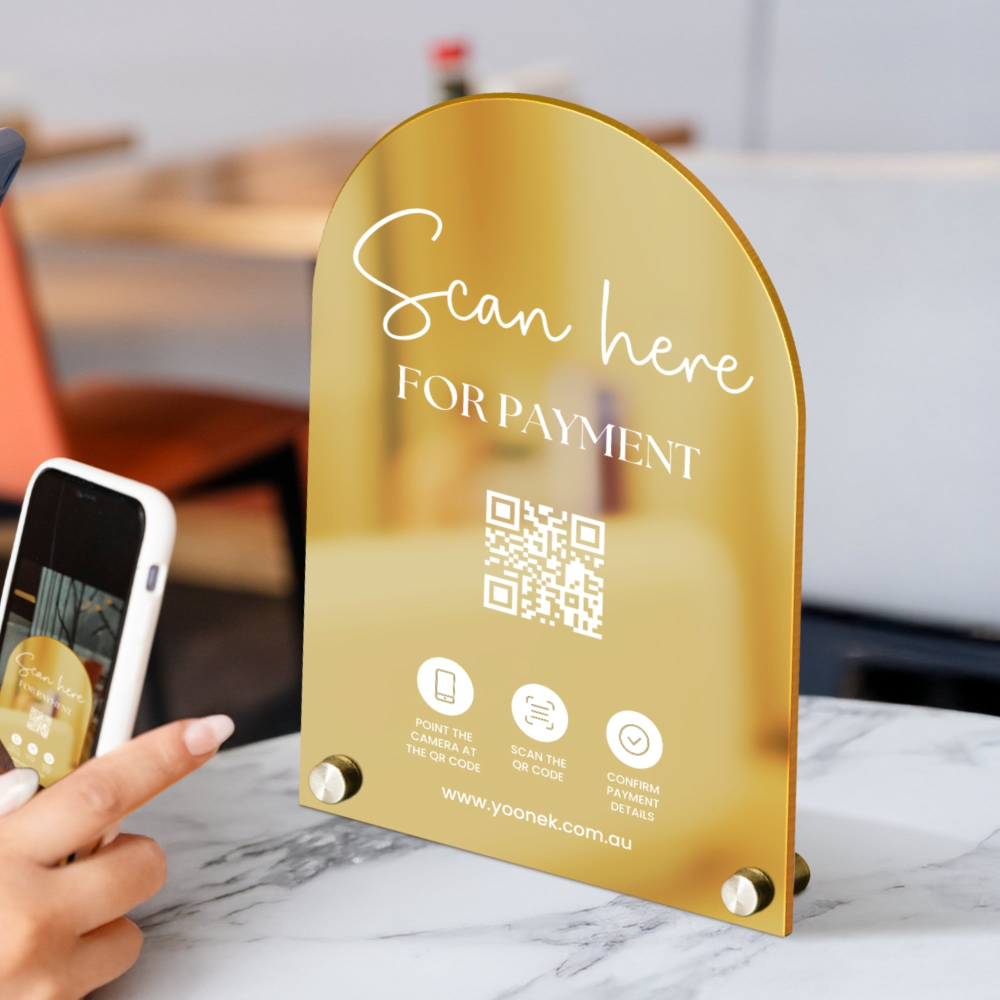 Personalised Acrylic Arch QR Code Scan To Pay Business Sign, Custom UV Print Mirror Spa, Beauty Salon, Cafe Retail Reception Display Signage