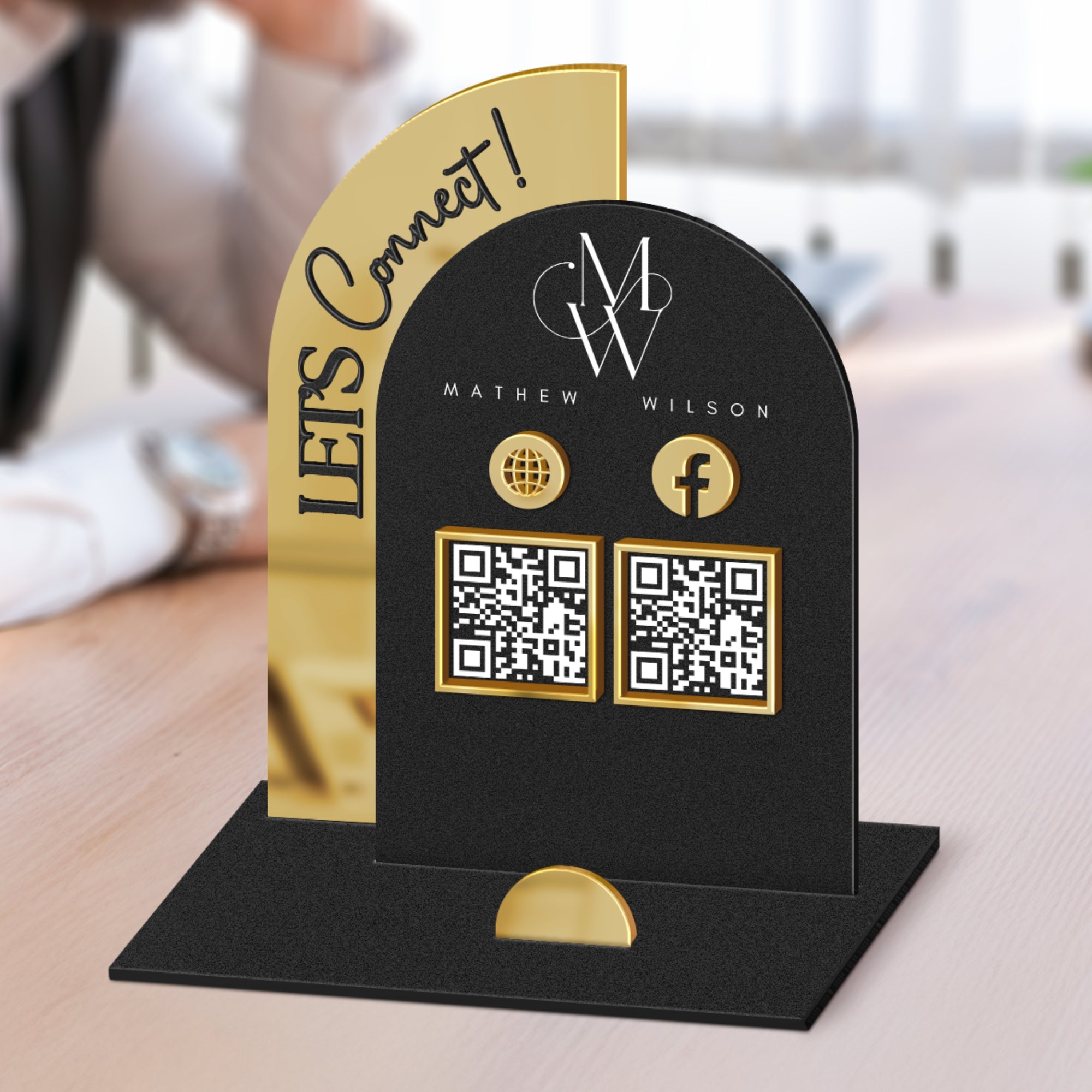 Personalised 3D Raised Acrylic Arch QR Code Social Connect Business Sign &amp; Card Holder, Custom Spa, Beauty, Cafe, Reception Display Signage