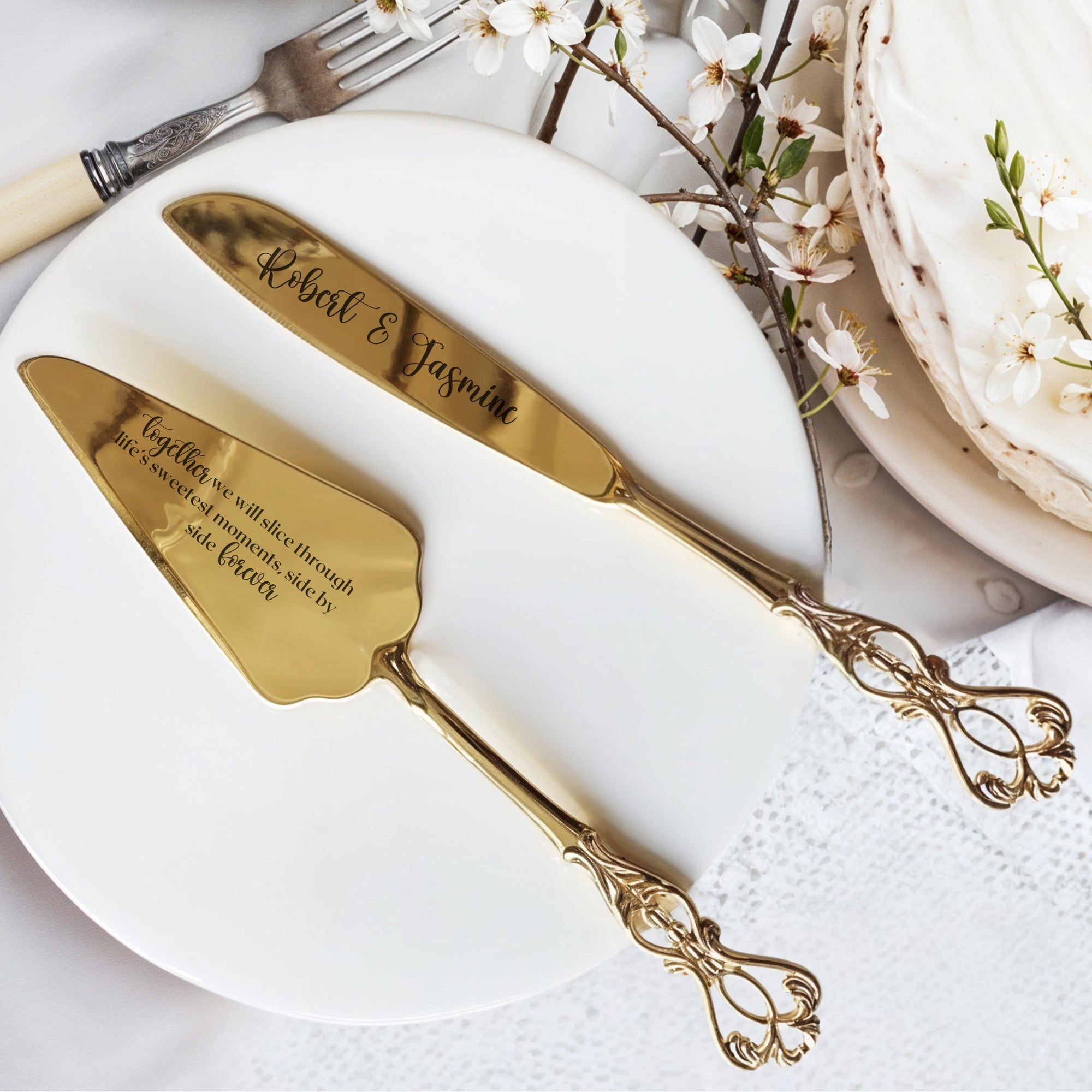 Personalised Gold/ Silver Wedding Plated Cake Serving Set, Custom Engraved Name Date Cutting Pastry Knife &amp; Server Birthday Anniversary Gift