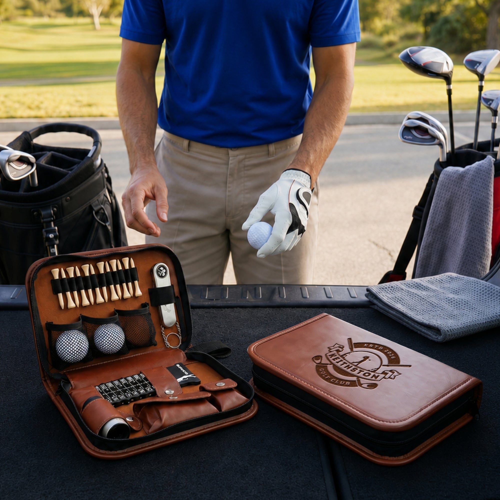 Personalised Golf Essentials Kit, Custom Engraved Leatherette Balls, Tees, Divot tool, Brush, Rangefinder Accessories Set Dad Groomsman Gift