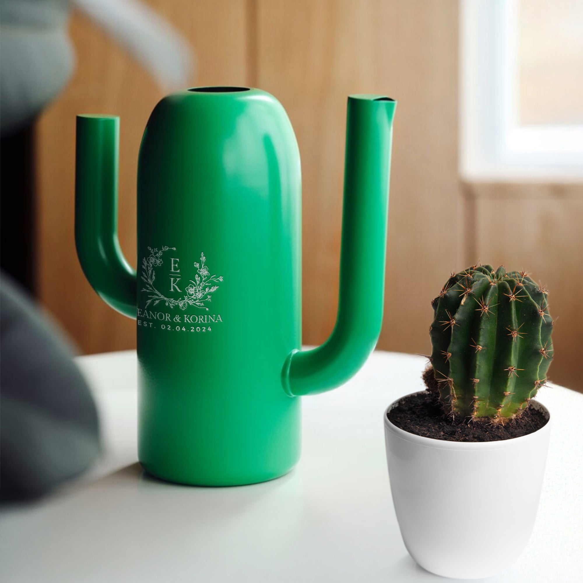 Personalised Green Metal Cactus Garden Watering Can, Custom Engraved Flower Plant Tool, Teacher, Housewarming, Birthday, Mom, Dad Xmas Gift