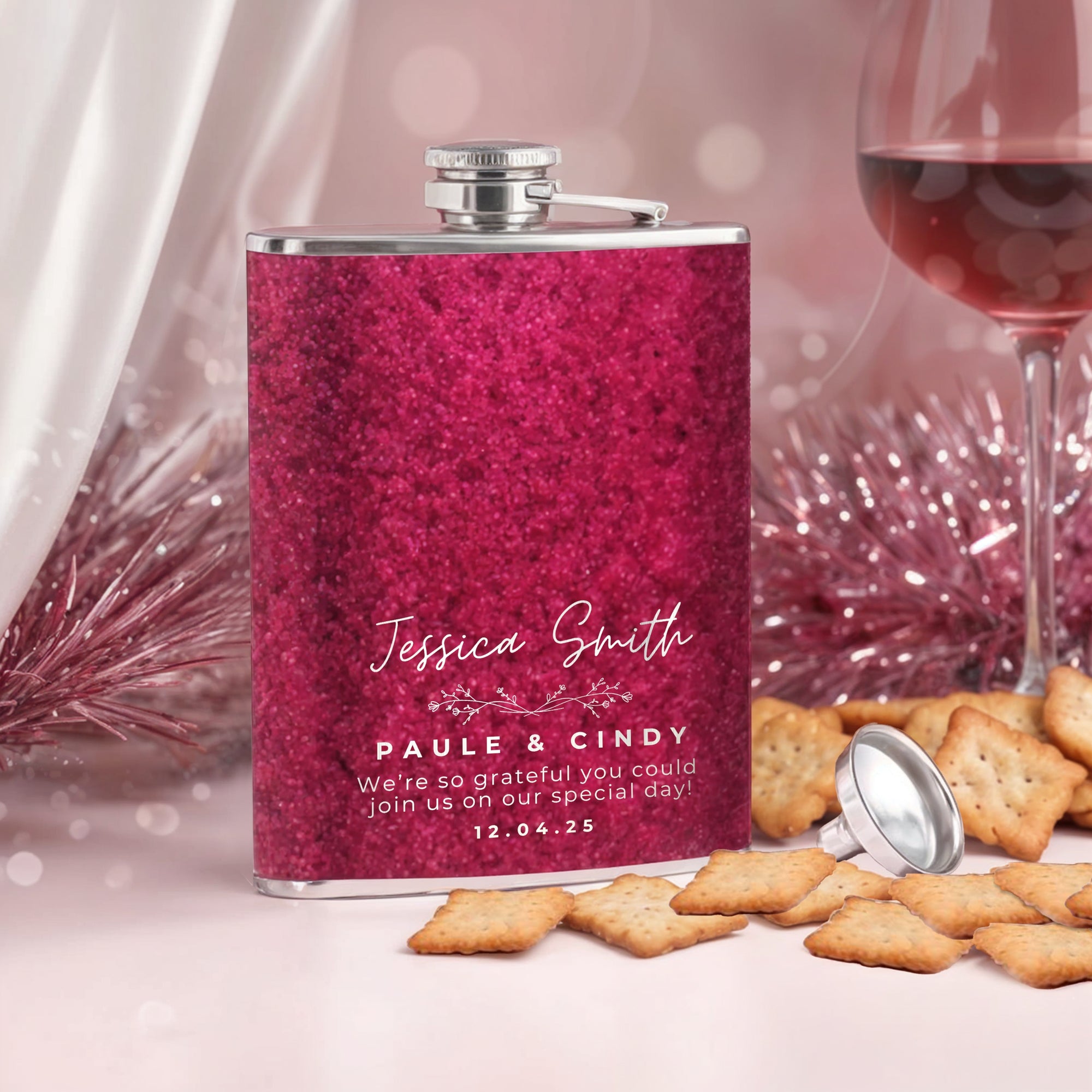 Personalised Glitter Stainless Steel 8oz Liquor Hip Flask & Funnel, Custom Engraved Bridesmaid Proposal, Wedding Favour, Logo Corporate Gift
