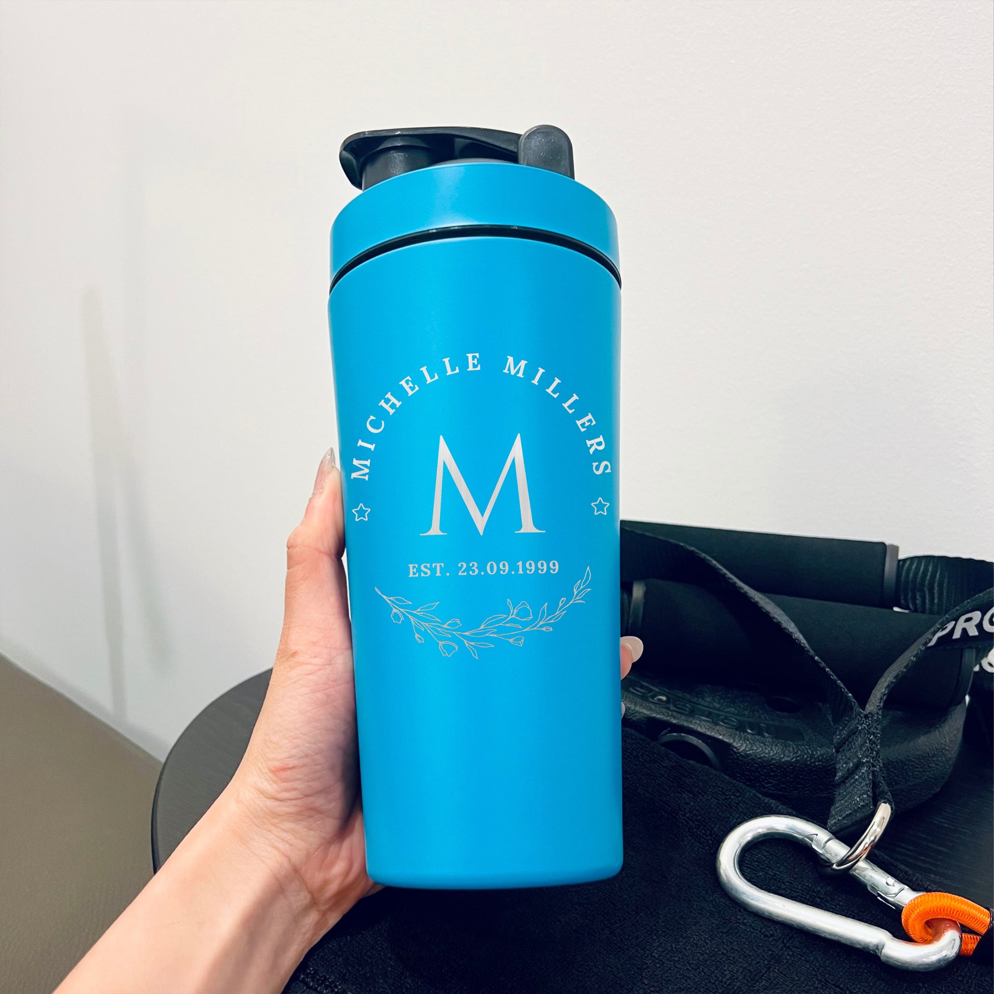 Personalised 25oz Insulated Protein Stainless Steel Shaker, Custom Engraved Logo 750ml Matt Blue Blender Bottle, Work Out Gym Lover Dad Gift