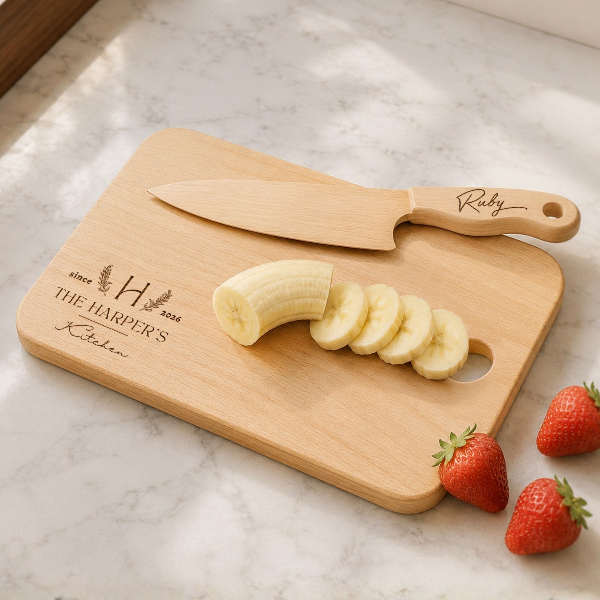 Personalised Kid Wooden Kitchen Cooking Tool Set & Cutting Board, Custom Engraved Junior Chef Children Learning Toy Baby First Birthday Gift