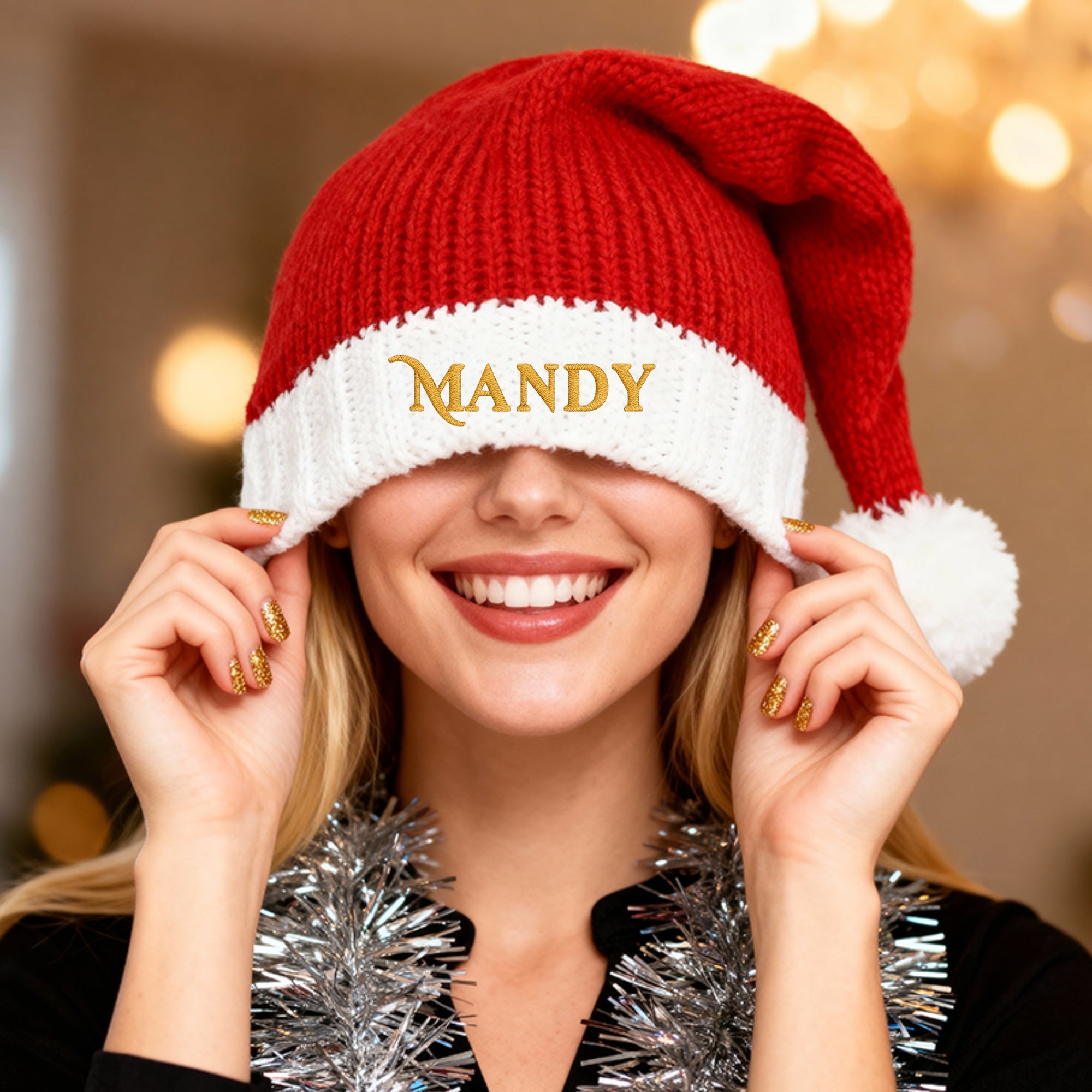 Personalised Kids &amp; Adults Knitted Christmas Hat, Custom Embroidered Name Santa Hat, Family Xmas Hats with Pompom Festive Decor Holiday Gift