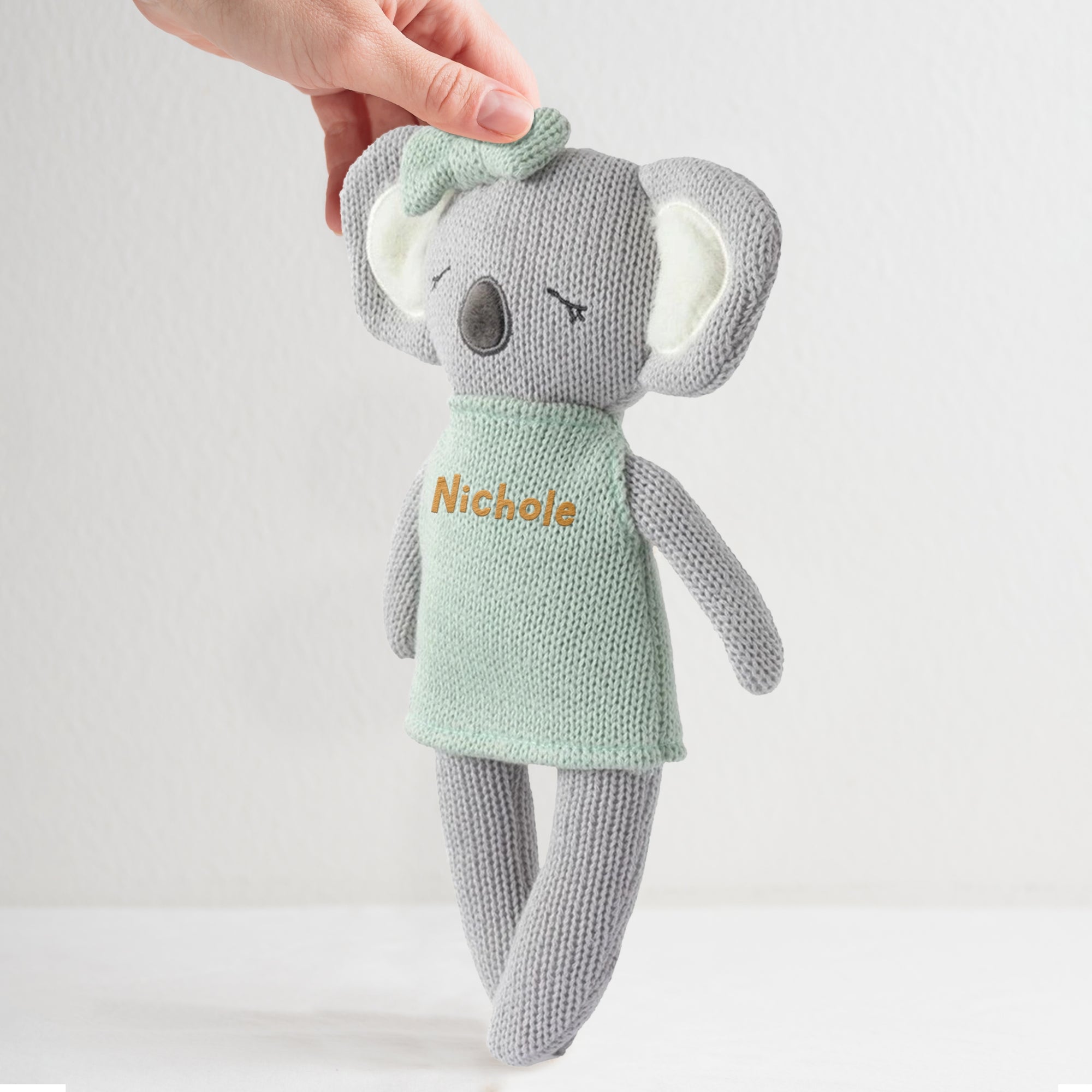 Personalised Embroidery Knitted Animal Plush Toy, Custom Embroidered Name Sleep Soft Baby Huggable Snuggle Friend First Birthday Shower Gift
