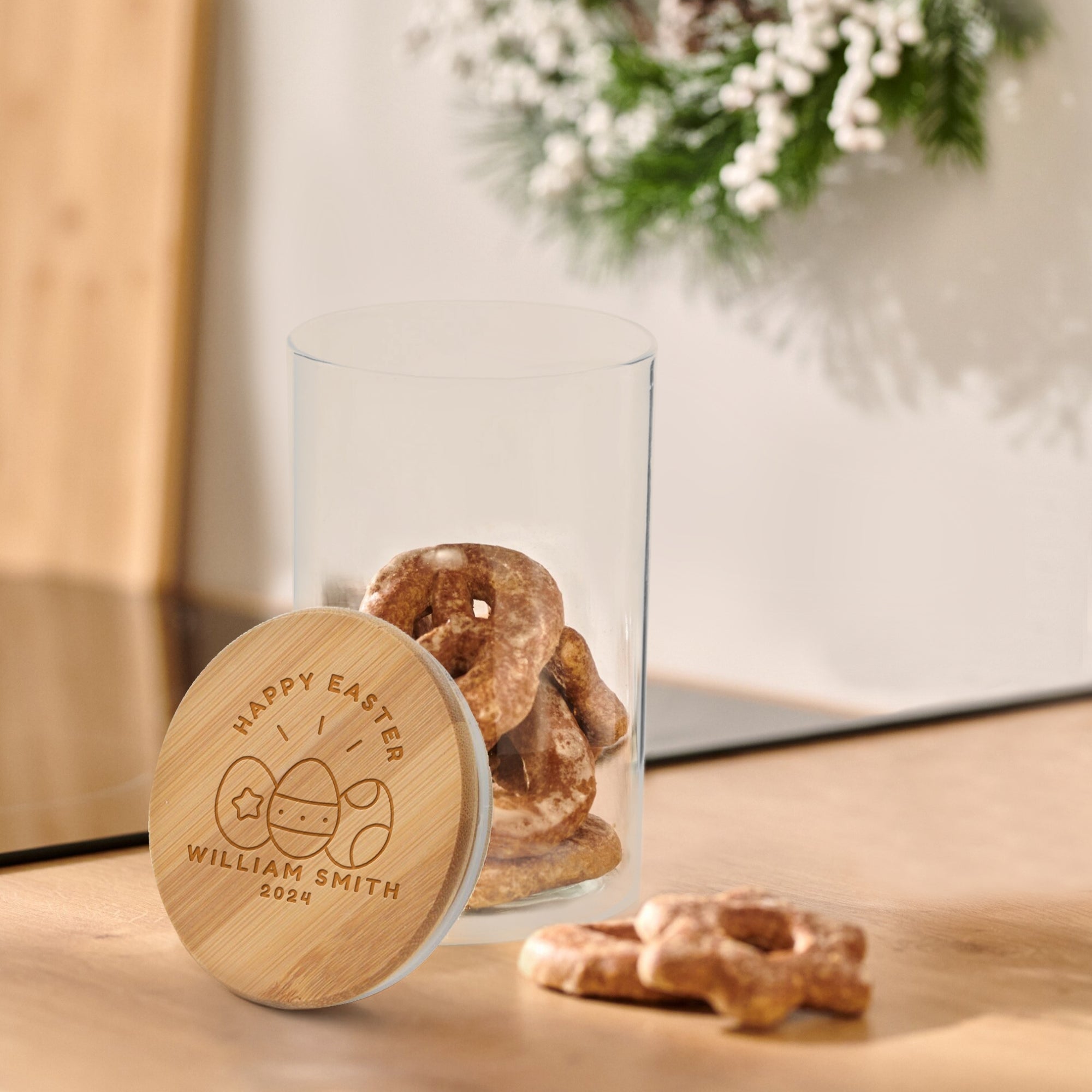 Personalised Wooden Lid Glass Easter Treat Jar, Custom Etch Print Bunny Rabbit Egg Food Snack Storage, Cookie Lolly Jars, Kid, Teacher Gifts