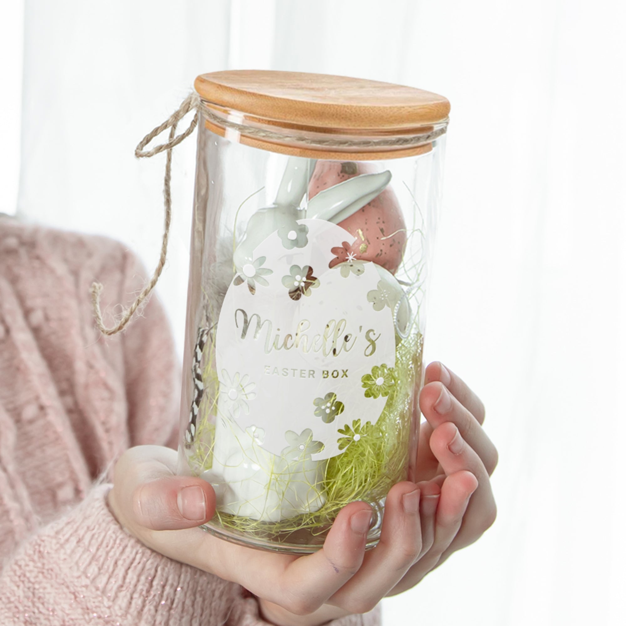 Personalised Wooden Lid Glass Easter Treat Jar, Custom Etch Print Bunny Rabbit Egg Food Snack Storage, Cookie Lolly Jars, Kid, Teacher Gifts