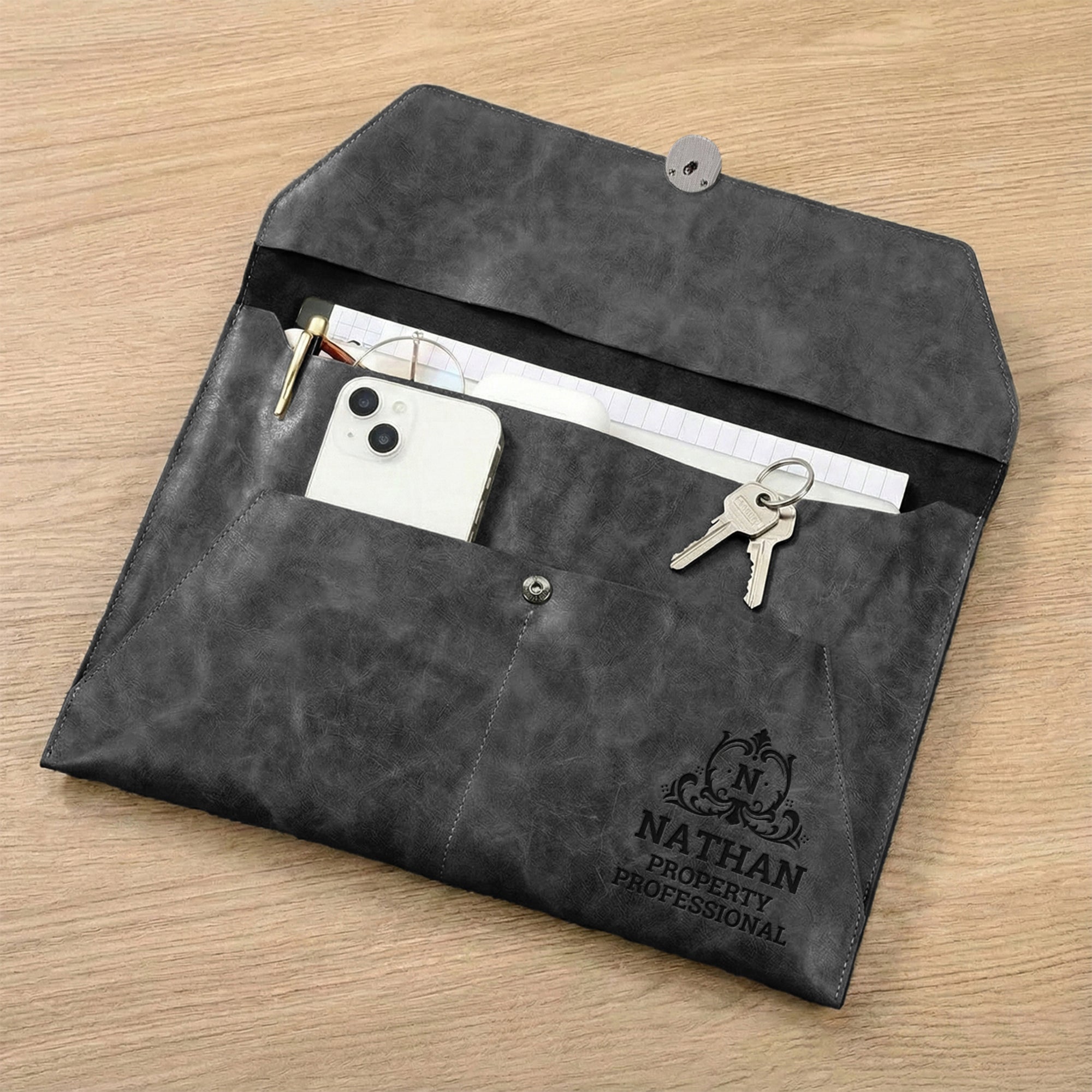 Personalised Leatherette A4 Document Bag, Custom Engraved Logo Envelope Pouch, Travel Paper Folder Case, Teacher, Office Business, Dad Gift