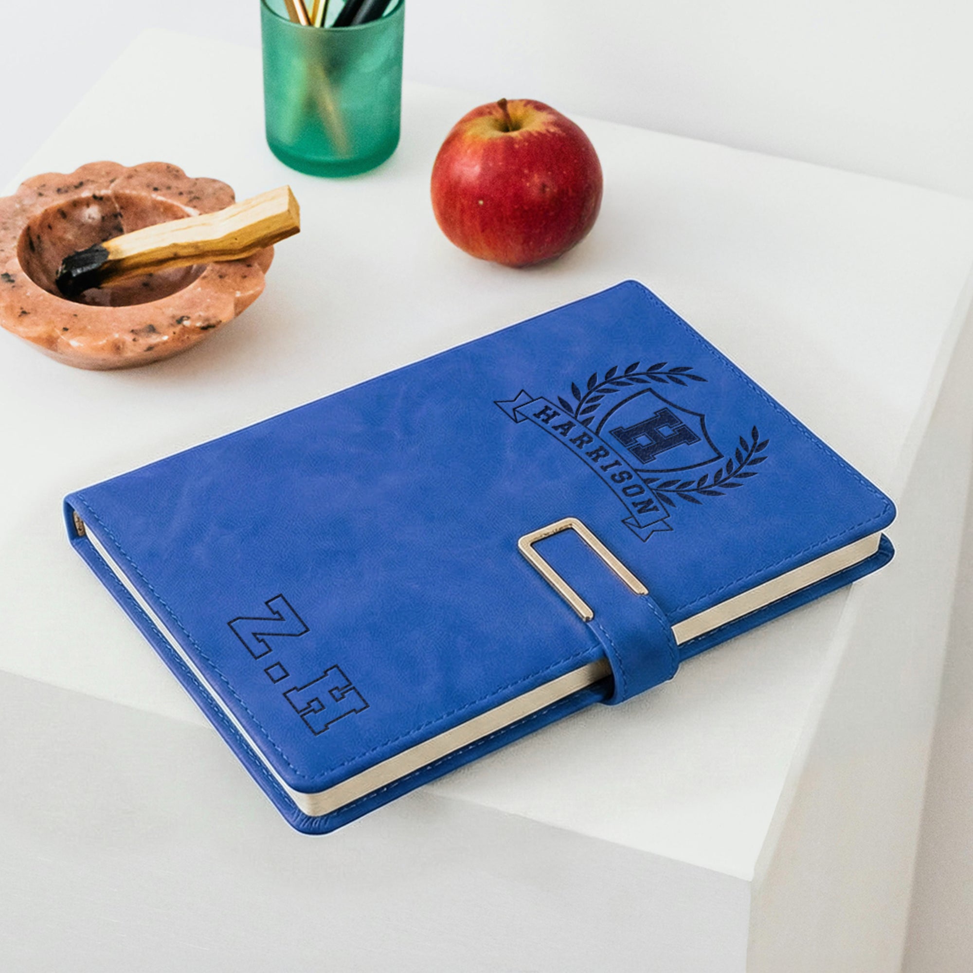 Personalised Leatherette A5 Notebook & Pen Holder, Custom Engraved Name 200 Page Business Journal, Magnetic Closure, Teacher, Corporate Gift