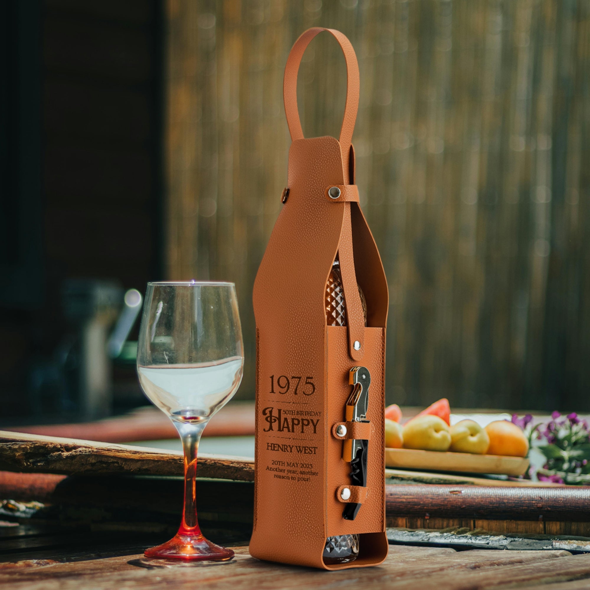 Personalised Leatherette Single Wine Bottle Holder & Matte Black Corkscrew Opener Custom Engraved Logo Champagne Bag Birthday Corporate Gift