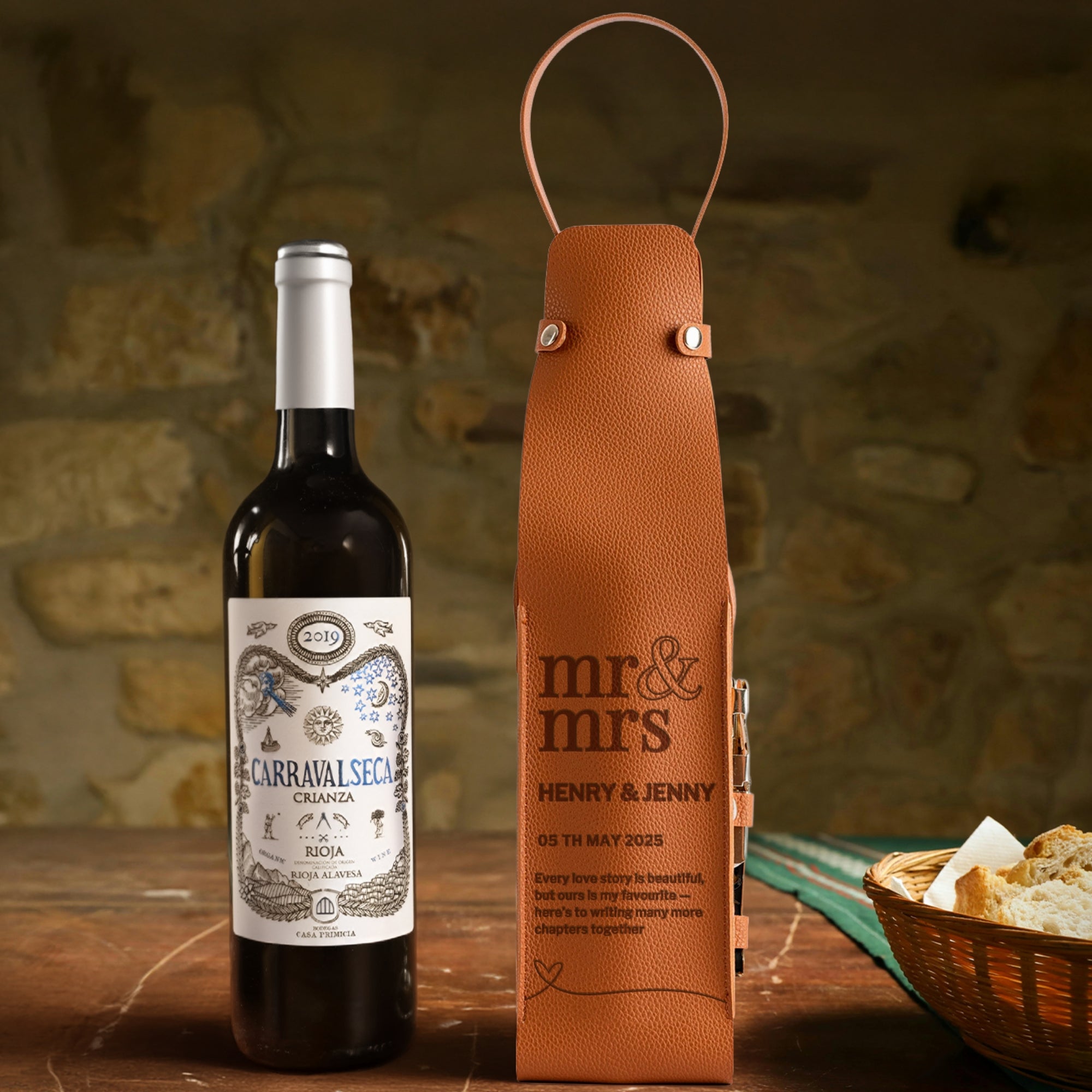 Personalised Leatherette Single Wine Bottle Holder & Matte Black Corkscrew Opener Custom Engraved Logo Champagne Bag Birthday Corporate Gift