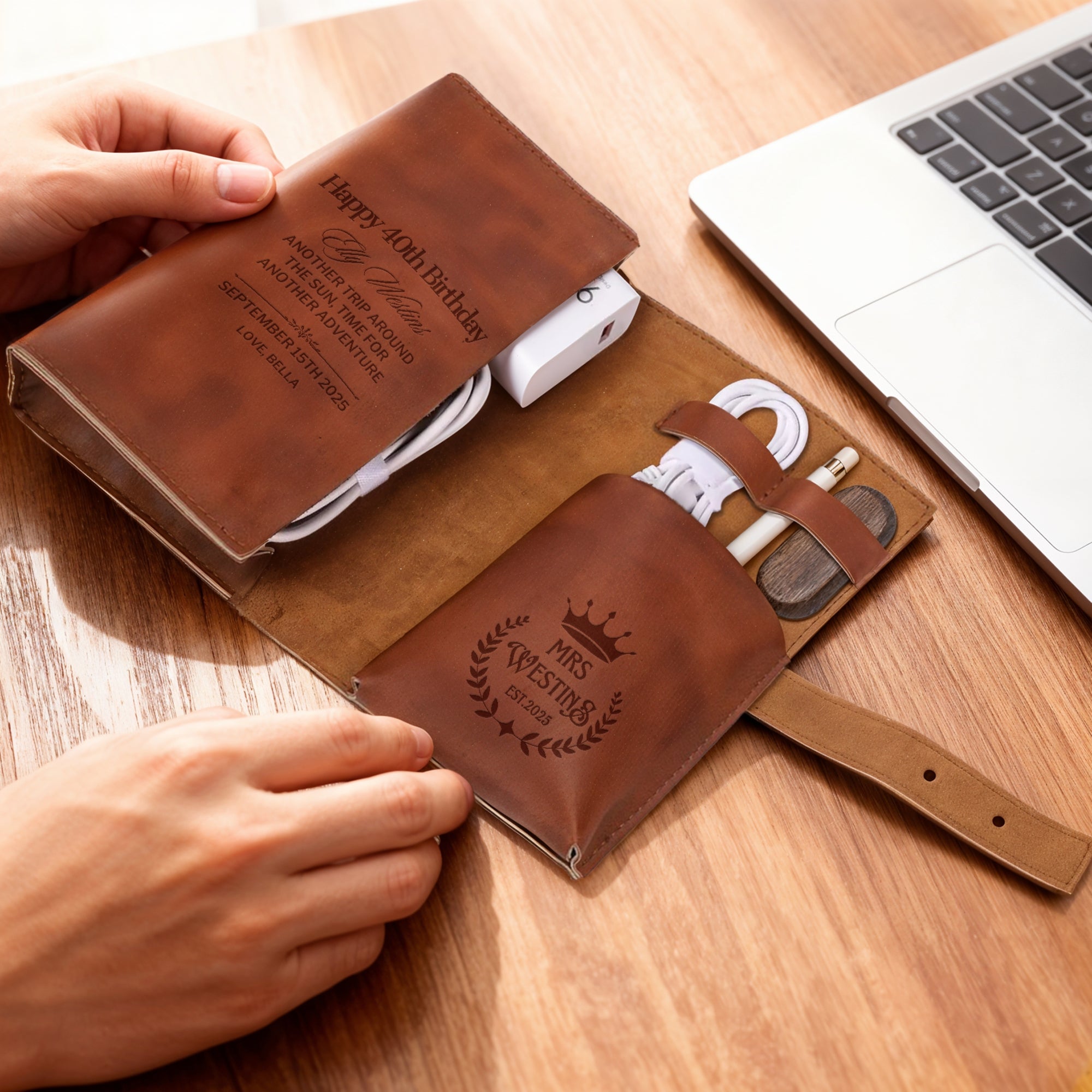 Personalised Leatherette Travel Gift Cables Organiser, Custom Engraved Portable Electronics Case, Tech Storage Bag Power Bank Charger Holder