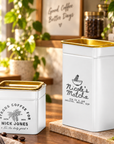 Personalised Matte White Gold Metal Tin, Custom Engraved Logo Jar, Coffee, Tea Storage, Cookie Lollies Canister, Housewarming, Mom Xmas Gift