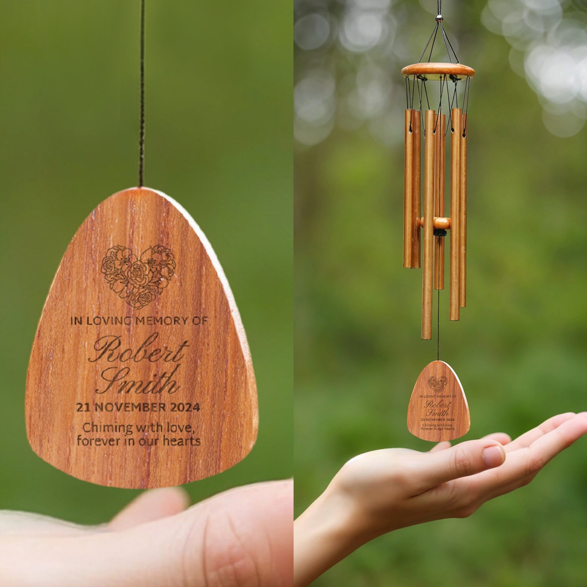 Personalised Memorial Aluminium & Wooden Wind Chimes, Custom Logo Engraved In Loving Memory, Funeral Loss Sympathy Remembrance Keepsake Gift