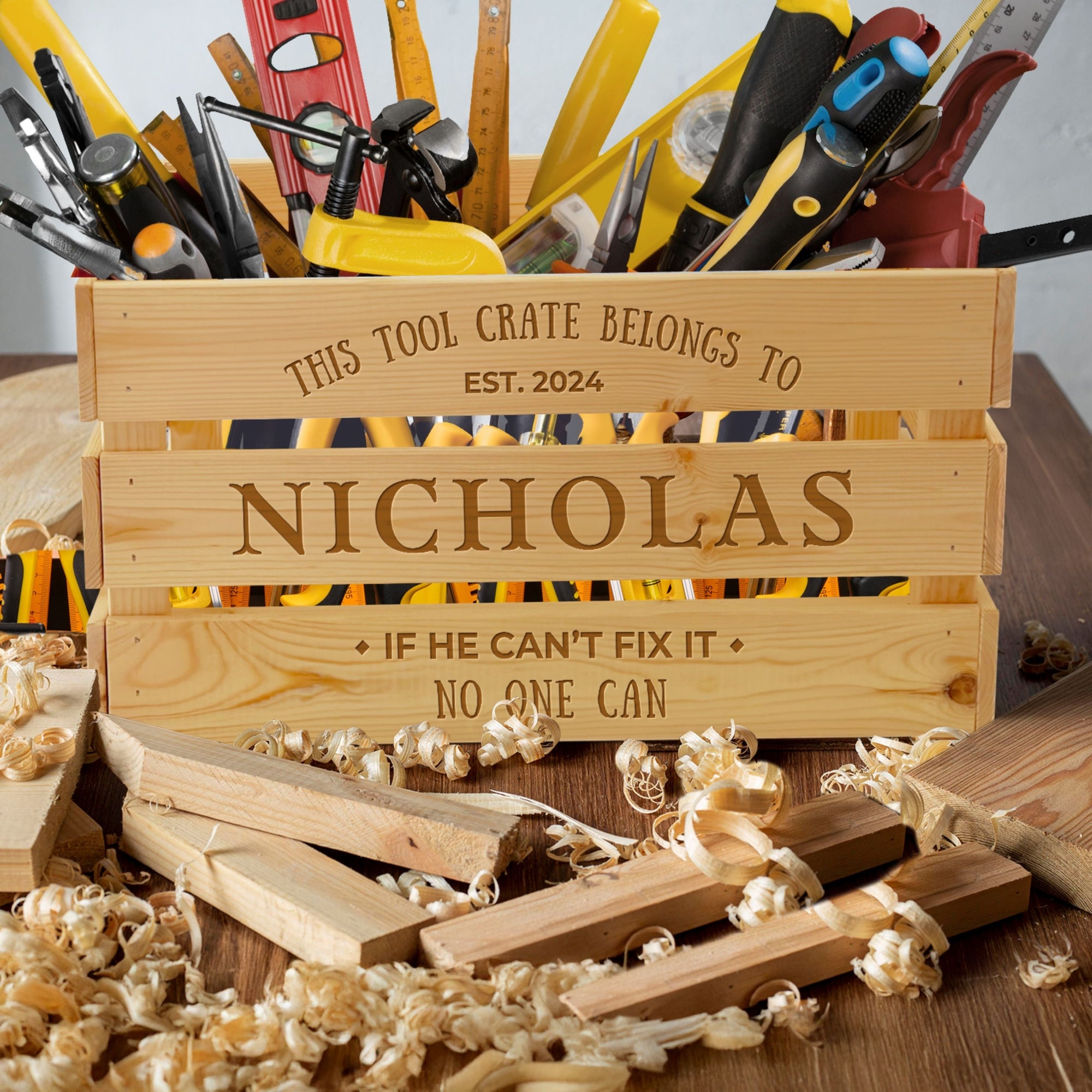 Personalised Men Crate, Workshop/ Garage Tools/ Snack/ Beer Storage, Dad Gift Box/ Groomsman Keepsake, Custom Engraved Rustic Farm Organiser