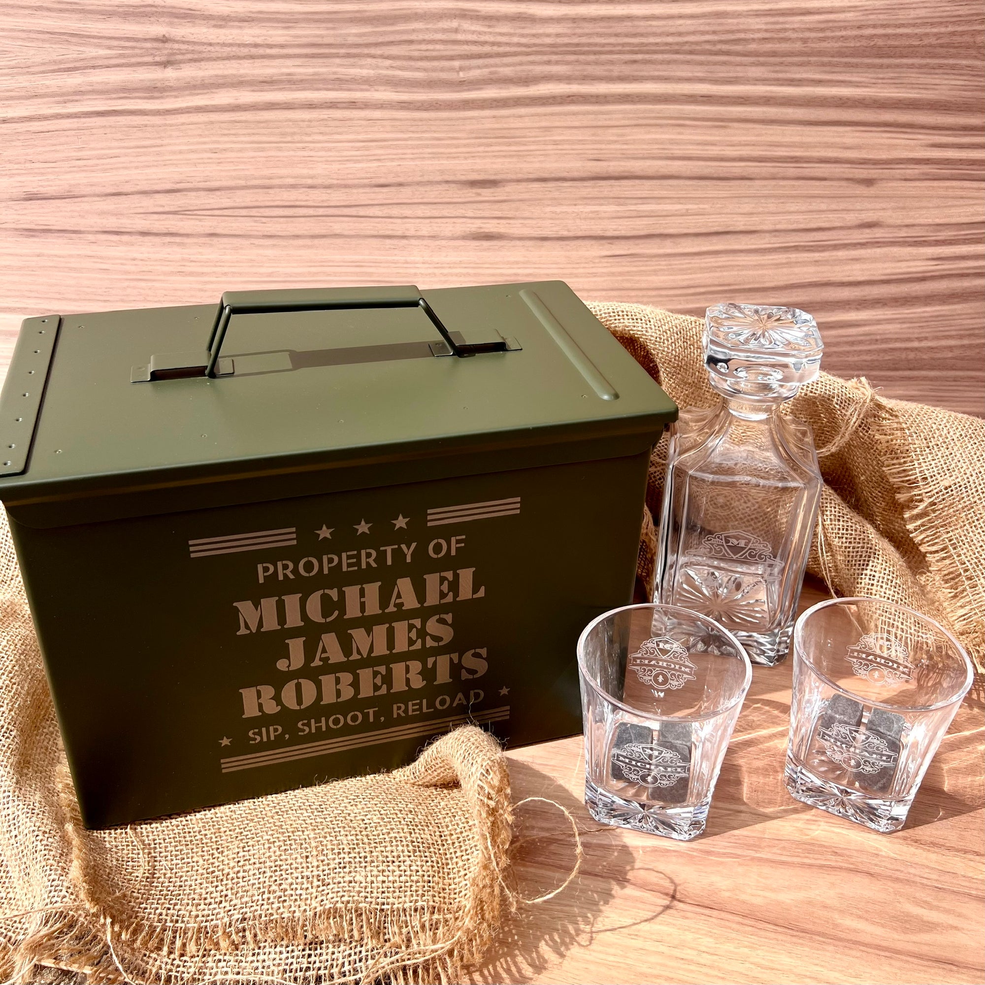 Personalised Military Whiskey Ammo Can Gift Box, Decanter, 2 Scotch Glasses &amp; 6 Ice Stones Set, Etched Army Barware Groomsman Dad Gift Set