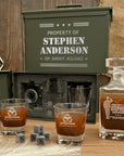 Personalised Military Whiskey Ammo Can Gift Box, Decanter, 2 Scotch Glasses & 6 Ice Stones Set, Etched Army Barware Groomsman Dad Gift Set