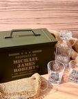 Personalised Military Whiskey Ammo Can Gift Box, Decanter, 2 Scotch Glasses & 6 Ice Stones Set, Etched Army Barware Groomsman Dad Gift Set