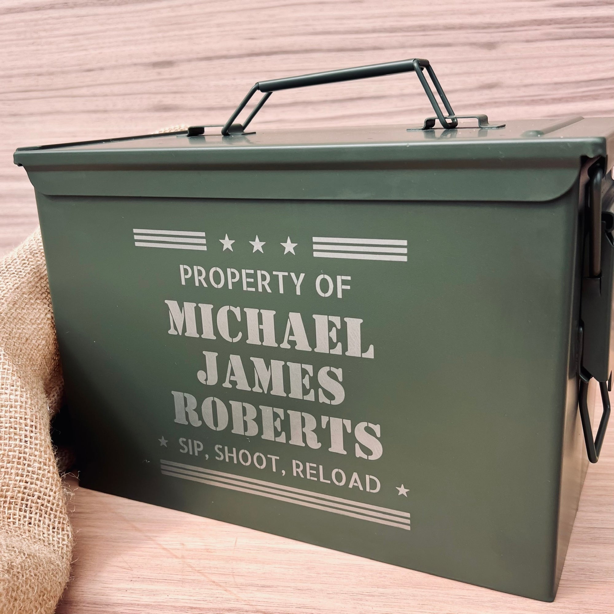 Personalised Military Whiskey Ammo Can Gift Box, Decanter, 2 Scotch Glasses &amp; 6 Ice Stones Set, Etched Army Barware Groomsman Dad Gift Set