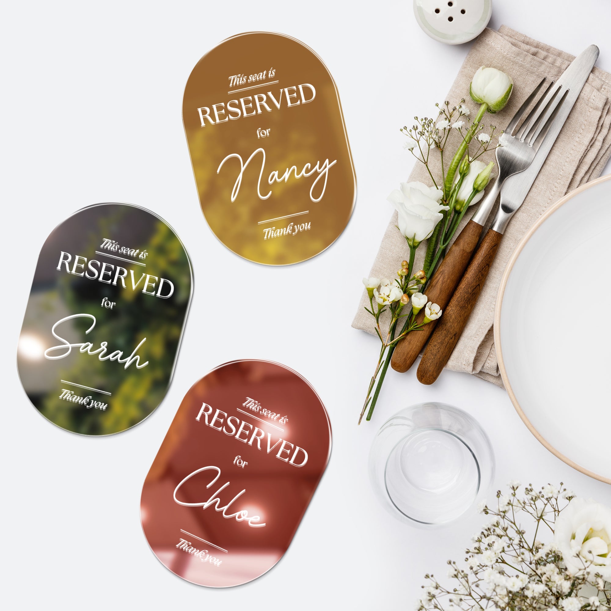 Personalised Mirror Acrylic Reserved Name Place Setting, Custom UV Print Oval Table Place Card Wedding Favors Thank you Gift Tag Party Decor