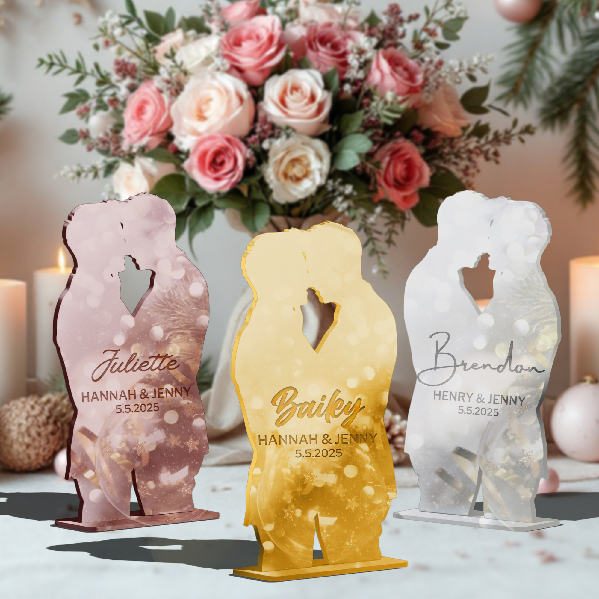 Personalised Mirror Acrylic/ Wooden Wedding Gay Couple Silhouette Place Settings, Custom Etched Table Card, Party Favour Thank you Gift Tag