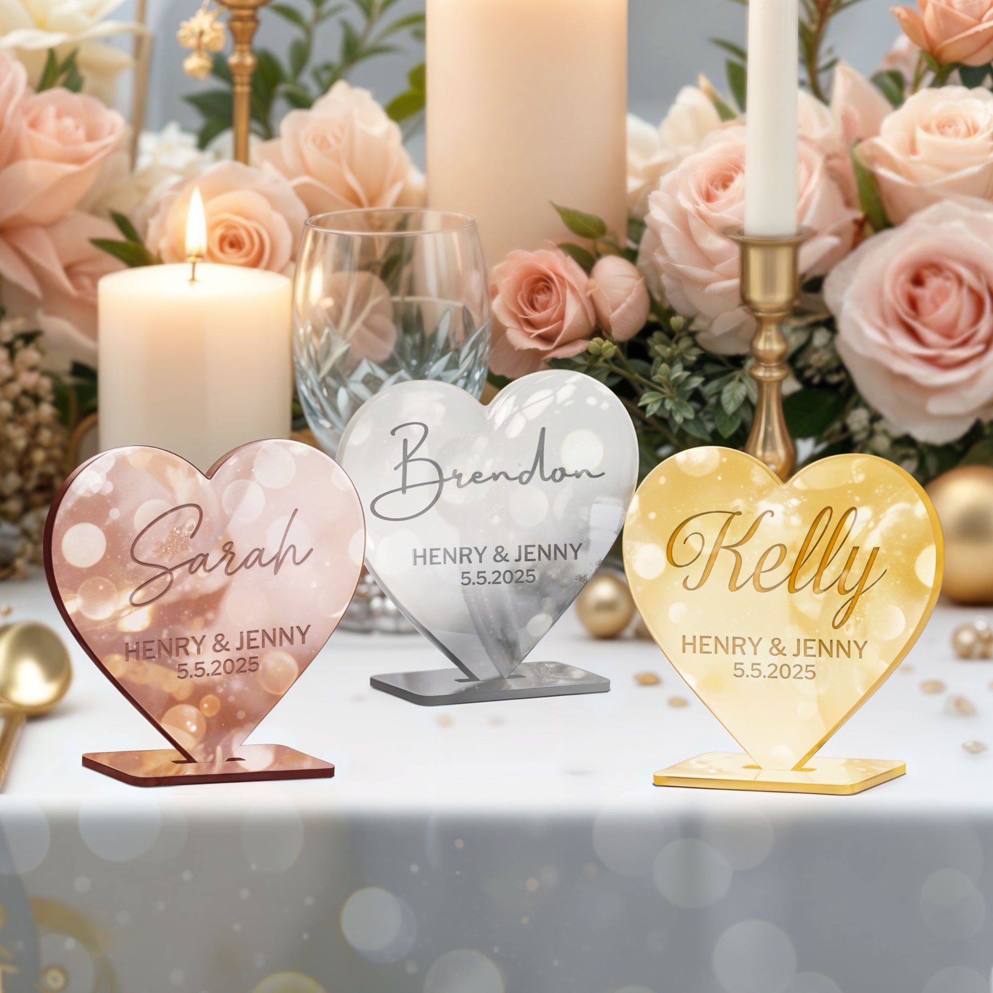 Personalised Mirror Acrylic/ Wooden Wedding Heart Name Place Setting, Custom Engraved Table Place Card Party Favour Thank you Gift Tag Decor