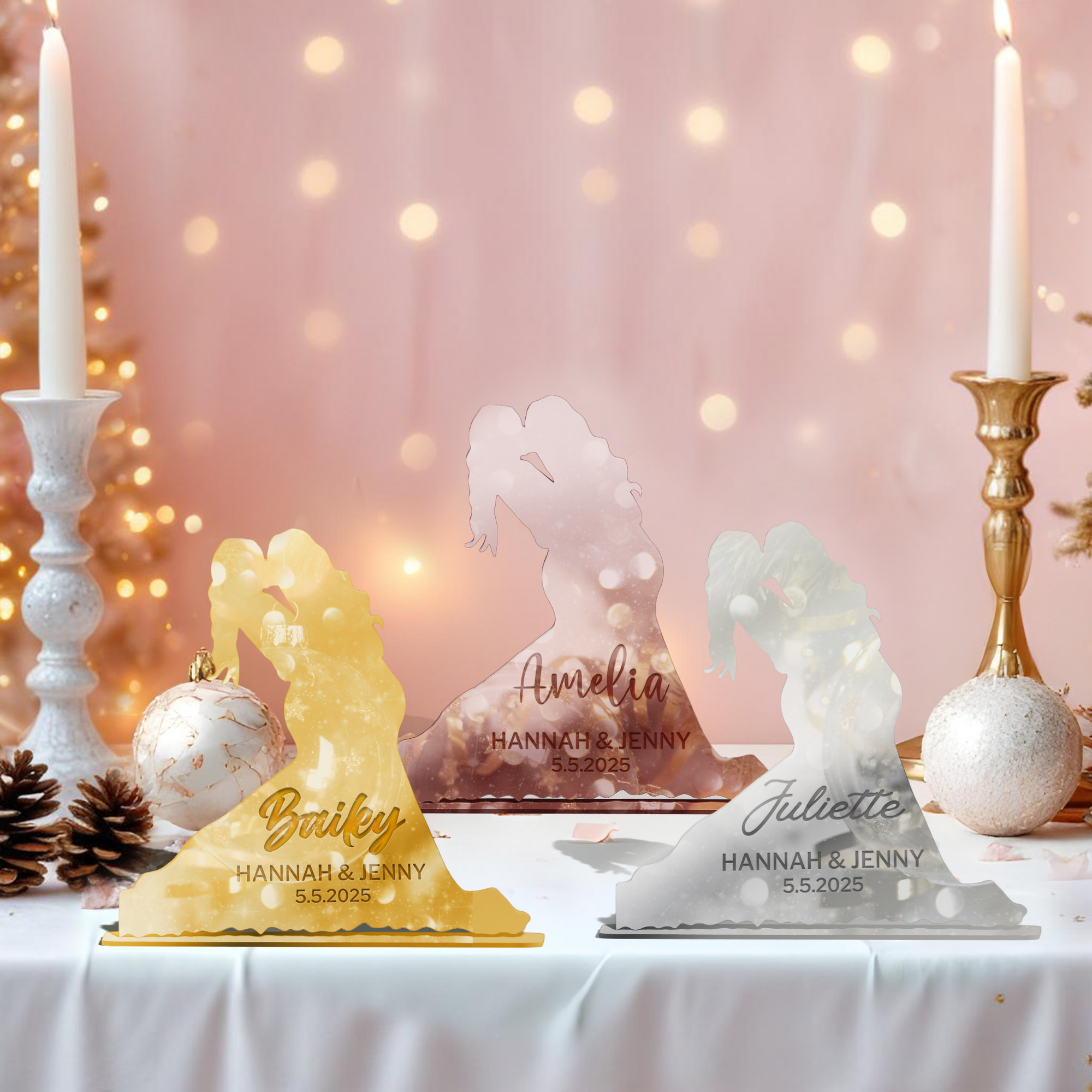 Personalised Mirror Acrylic/ Wood Wedding Lesbian Couple Silhouette Place Setting, Custom Etched Table Card, Party Favour Thank you Gift Tag