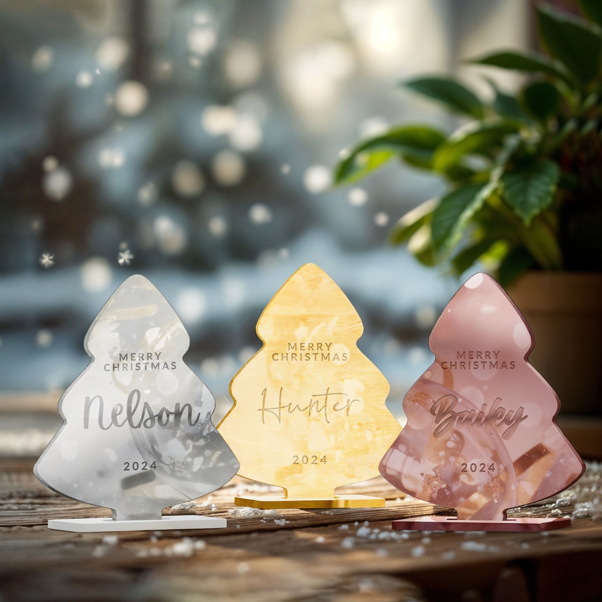 Personalised Mirror Acrylic/ Wood Xmas Tree Name Place Setting, Custom Engraved Logo Christmas Decor Table Name Place Card Party Favour Gift