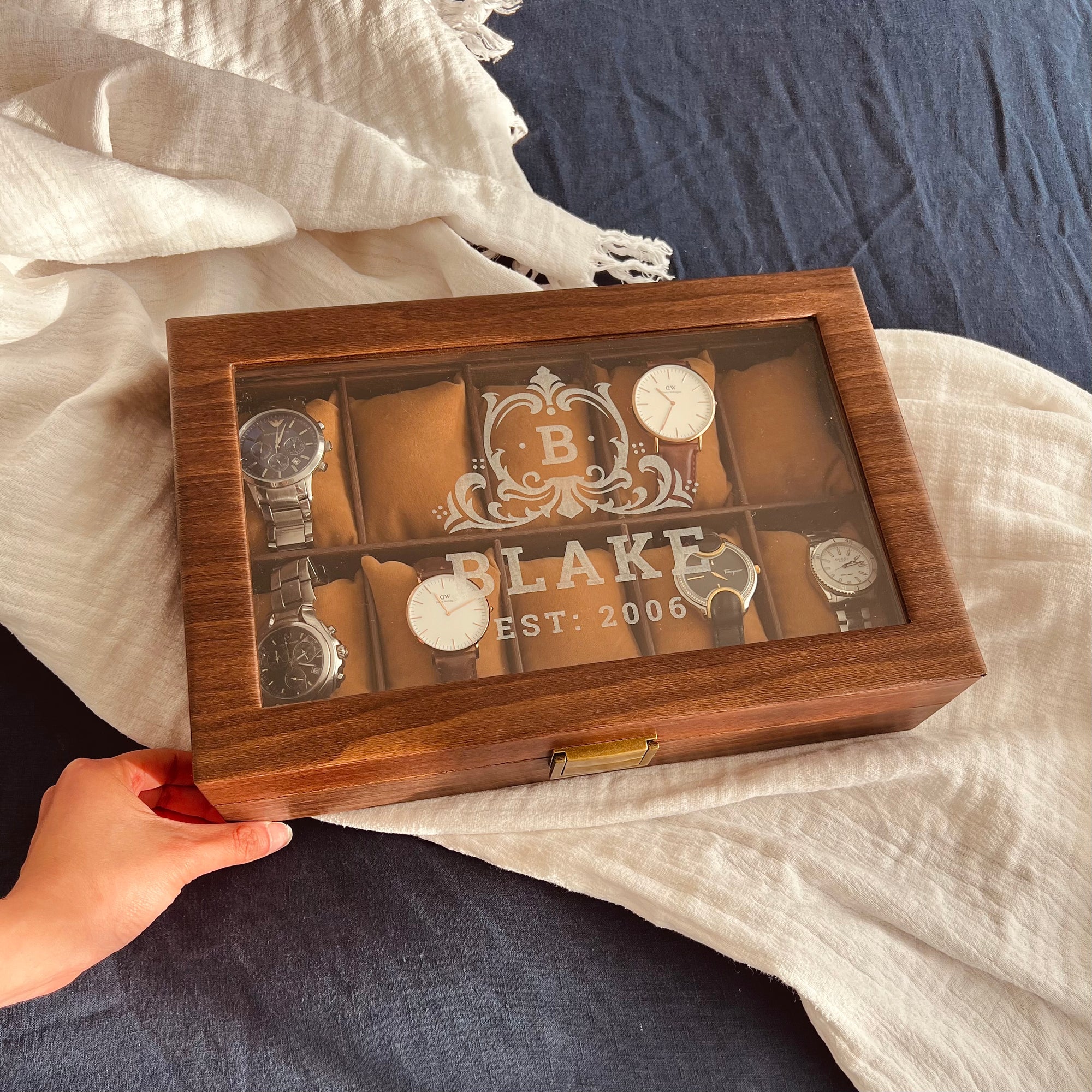 Personalised 3, 6, 10, 12 Slots Watch Display Wooden Case Box, Custom Engraved Men Accessories Storage, Groomsman Dad Mom Birthday Xmas Gift