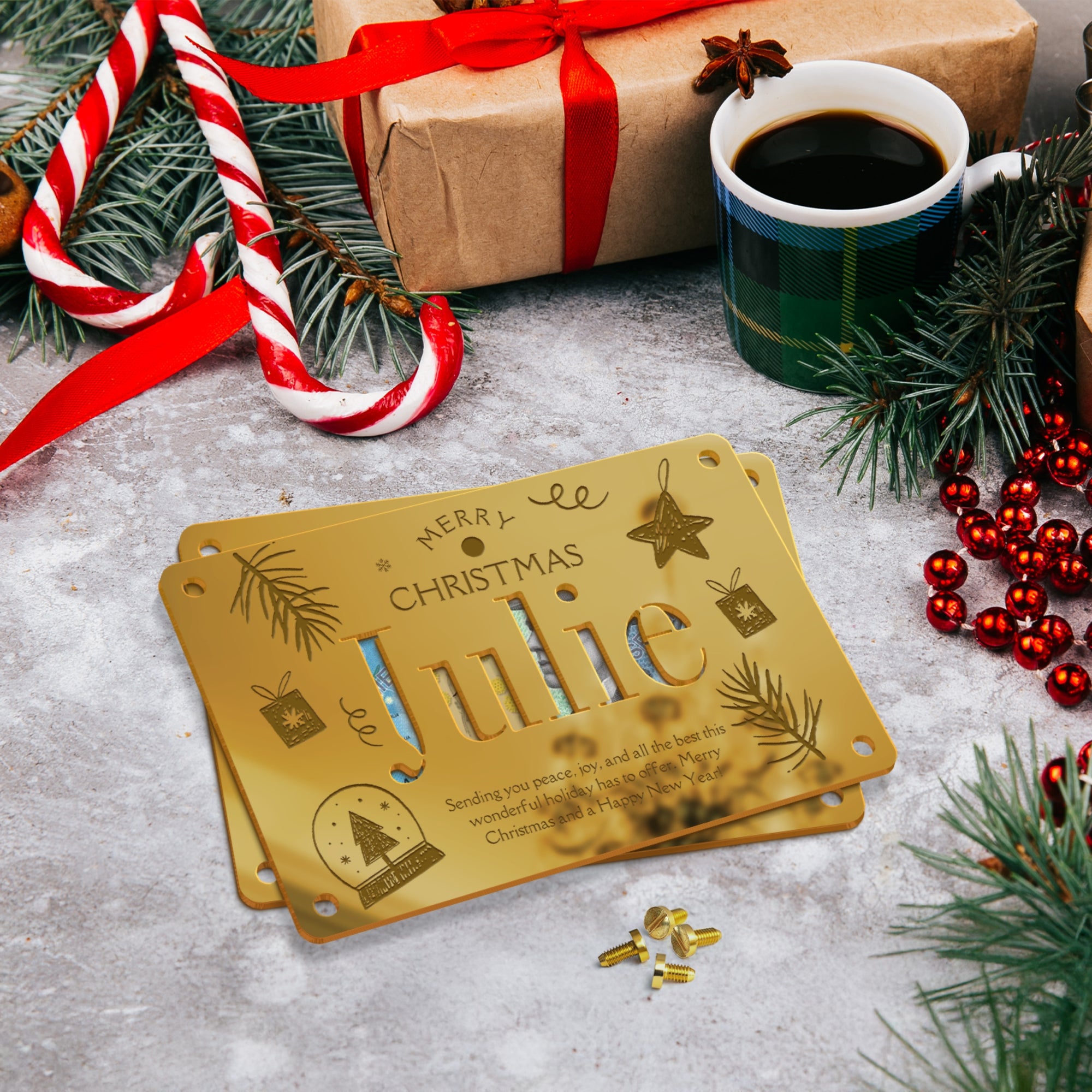 Personalised Name &amp; Message Mirror Acrylic/ Wooden Christmas Money Holder, Custom Laser Cut Engraved Kid Cash Gift Card Envelope, Xmas Decor