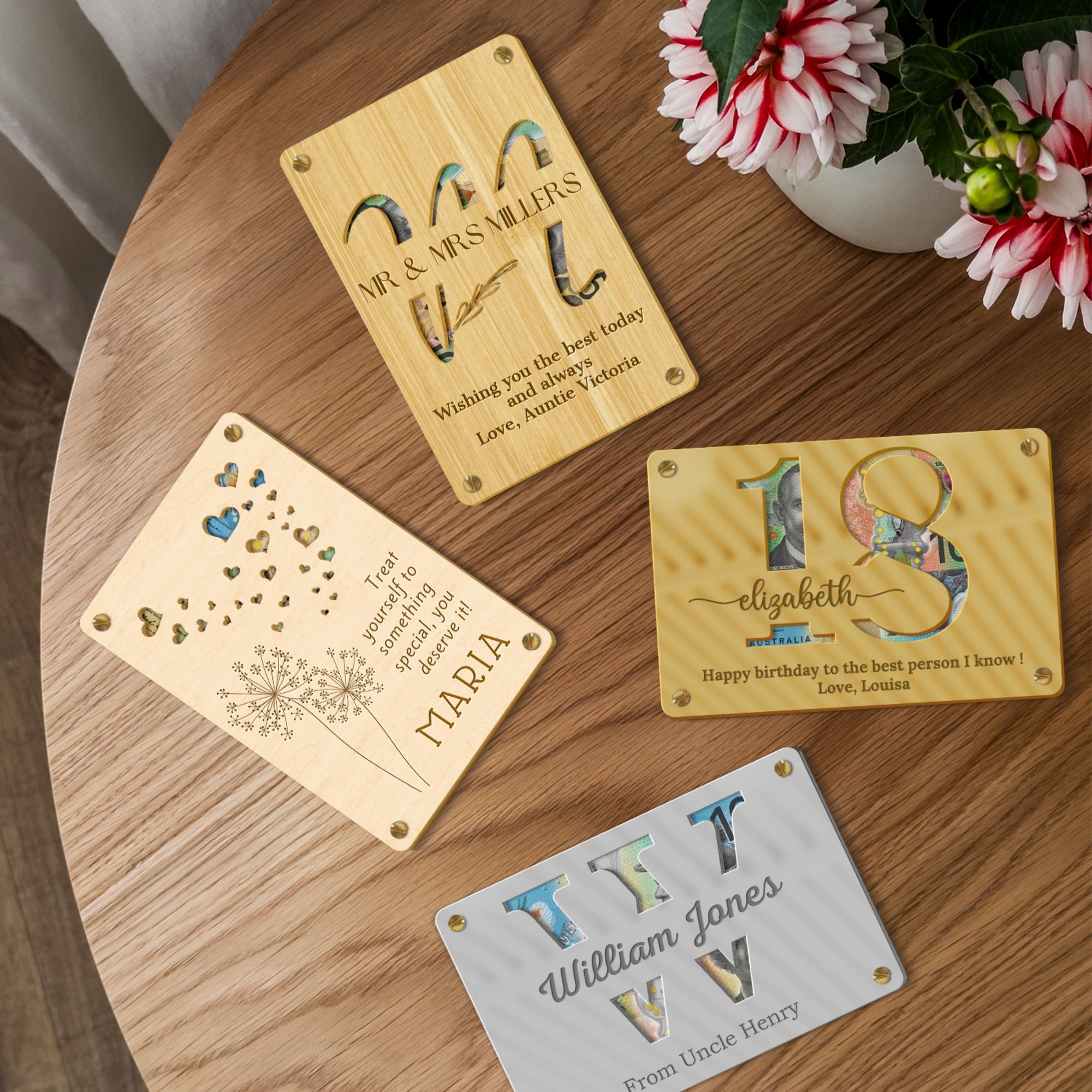 Personalised Name & Message Mirror Acrylic/ Wooden Birthday Money Holder, Custom Laser Cut Kid Cash Envelope, Wedding, Graduation Gift Card